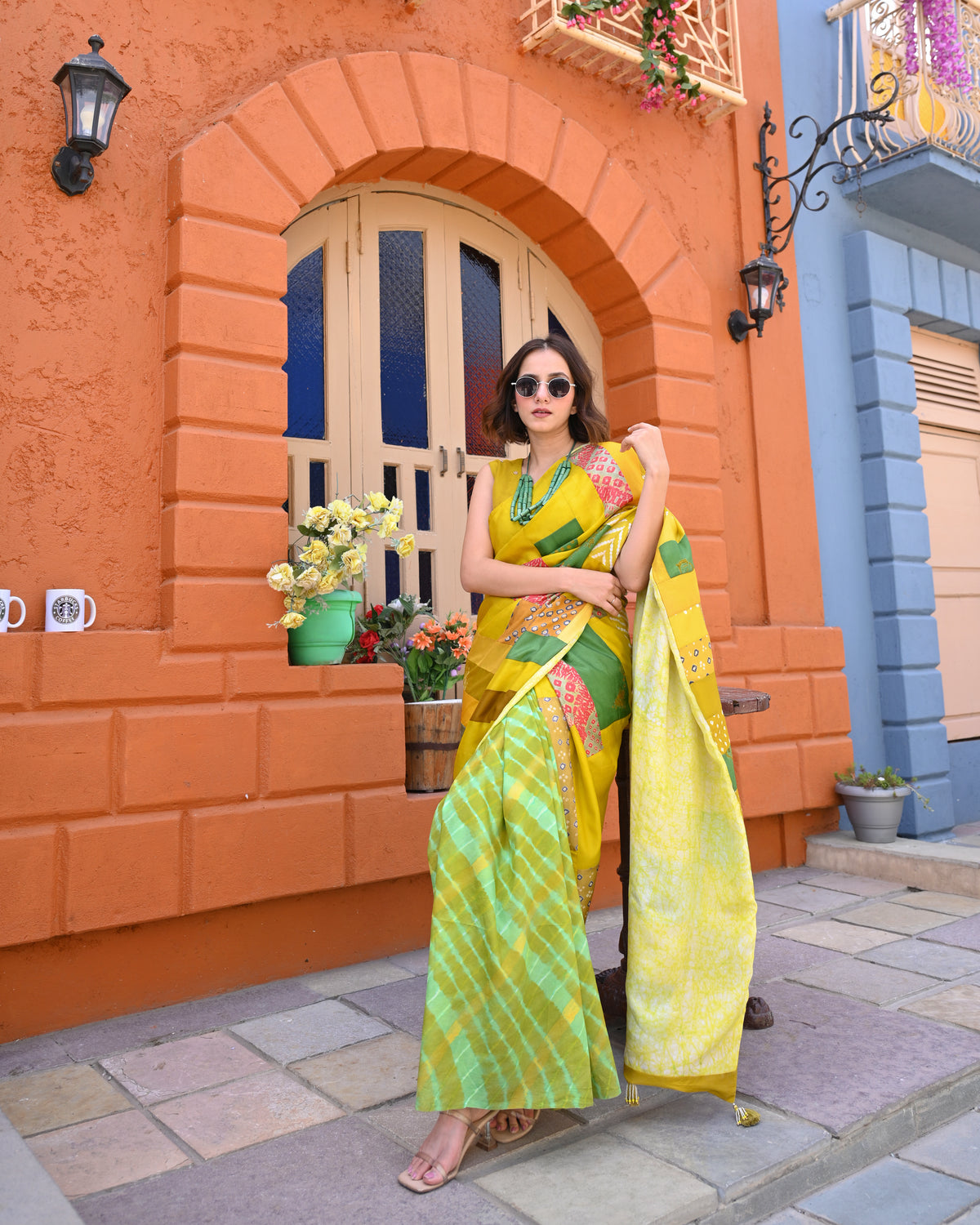 BAARADOZI PATCHWORK REVERSIBLE SILK SAREE YELLOW-GREEN