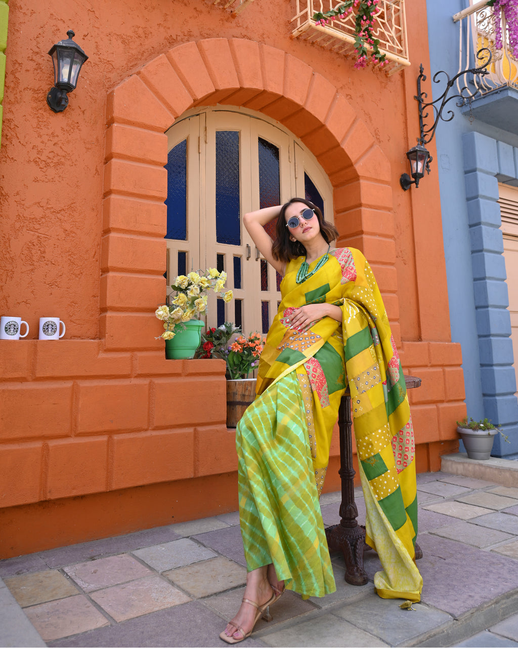 YELLOW-GREEN BAARADOZI PATCHWORK REVERSIBLE SILK SAREE