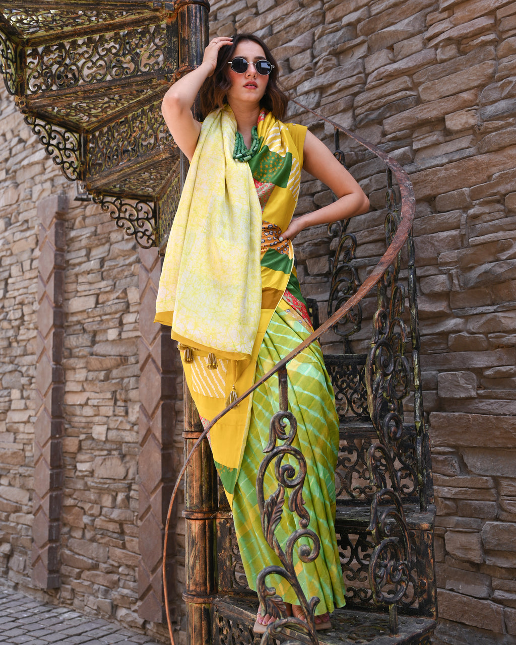 YELLOW-GREEN BAARADOZI PATCHWORK REVERSIBLE SILK SAREE
