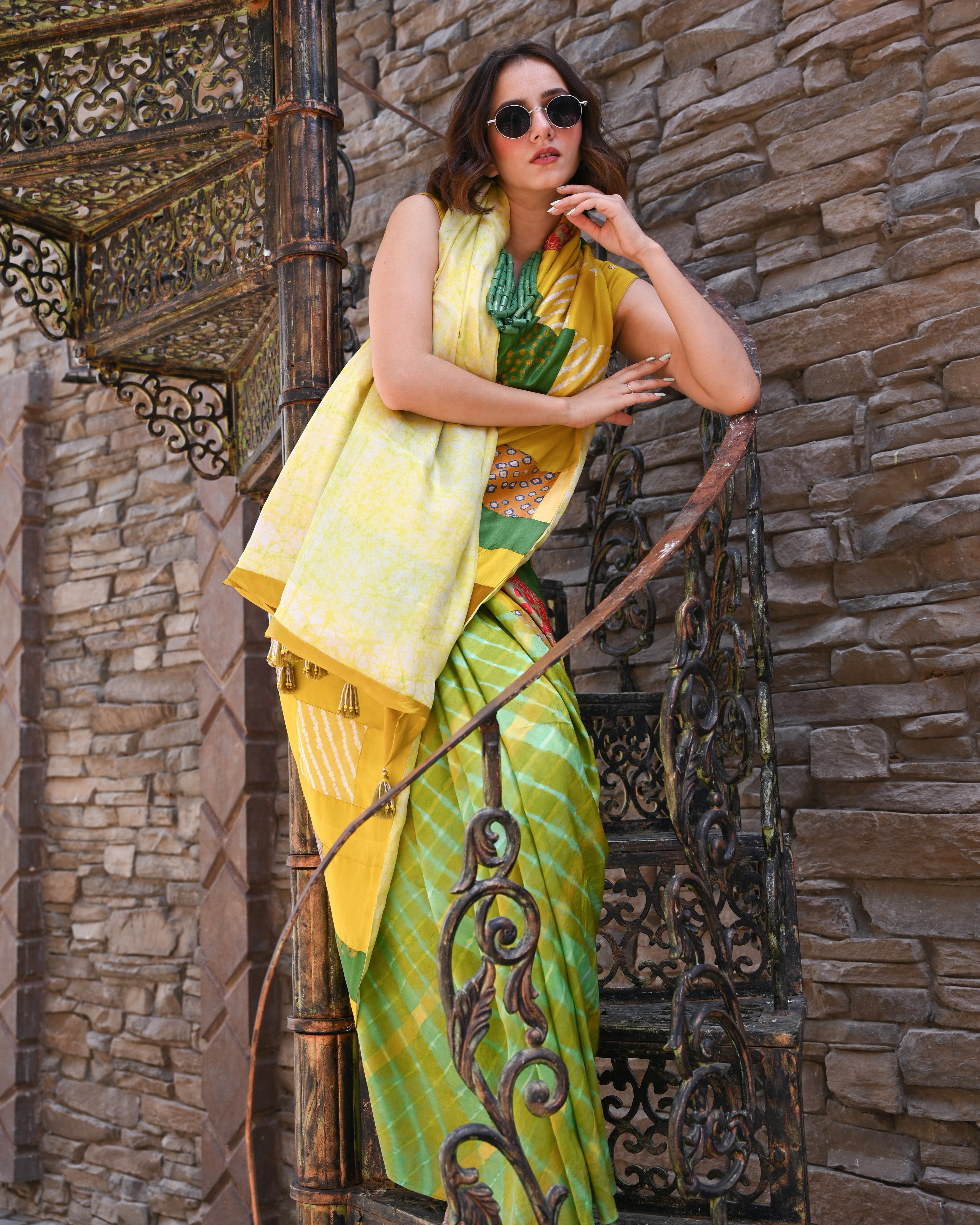 YELLOW-GREEN BAARADOZI PATCHWORK REVERSIBLE SILK SAREE