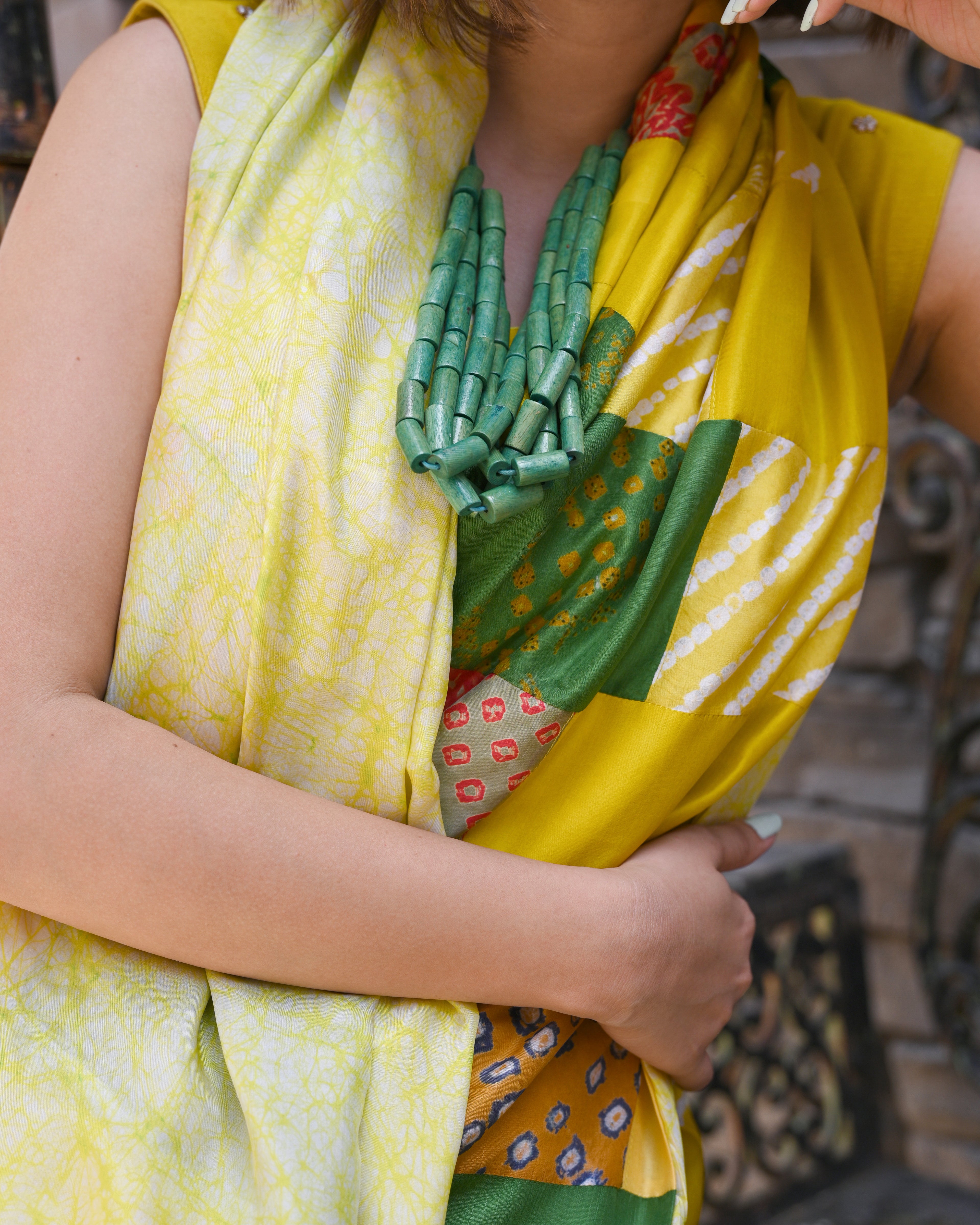 YELLOW-GREEN BAARADOZI PATCHWORK REVERSIBLE SILK SAREE