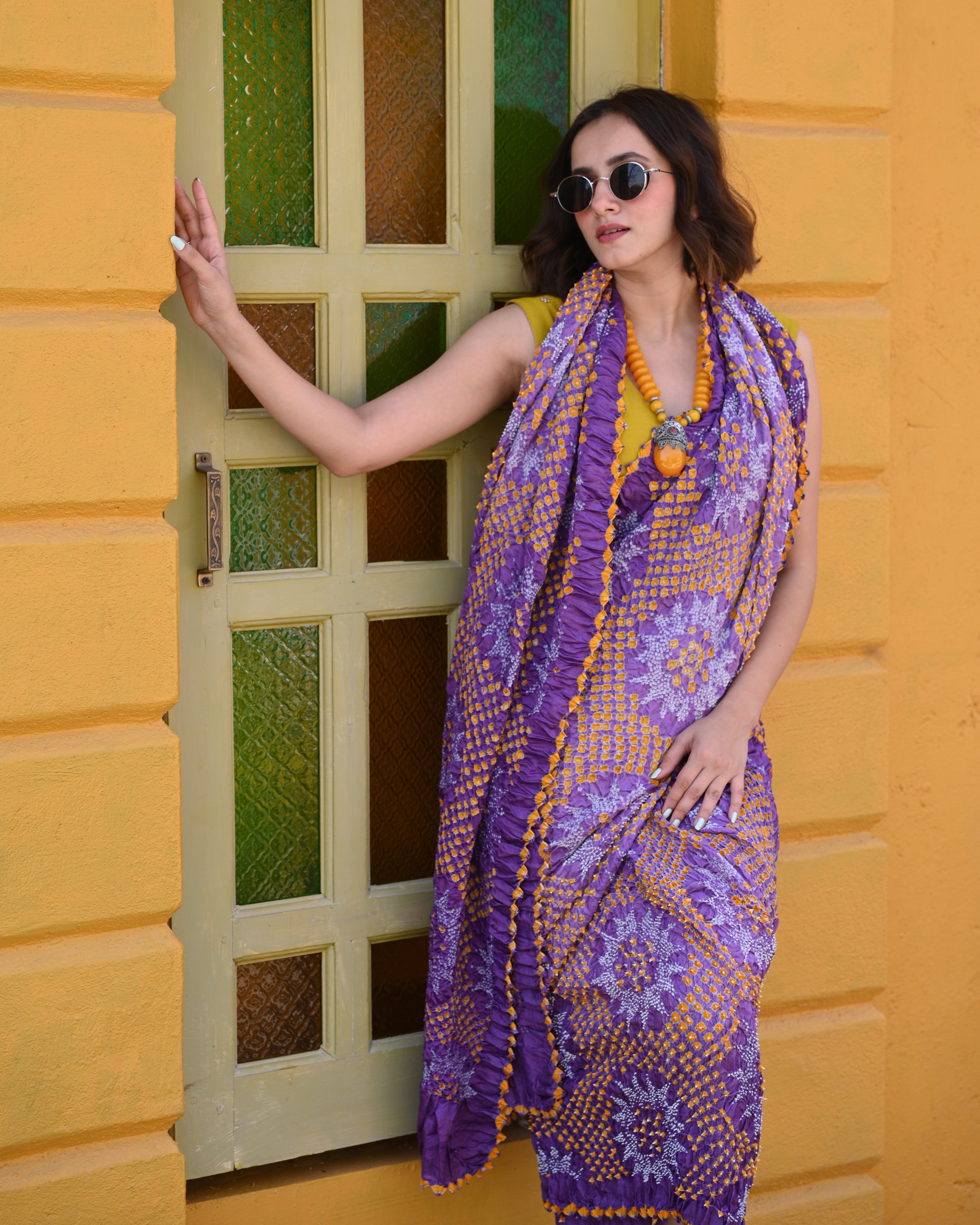 PURPLE SUNFLOWER BANDHANI SILK SAREE