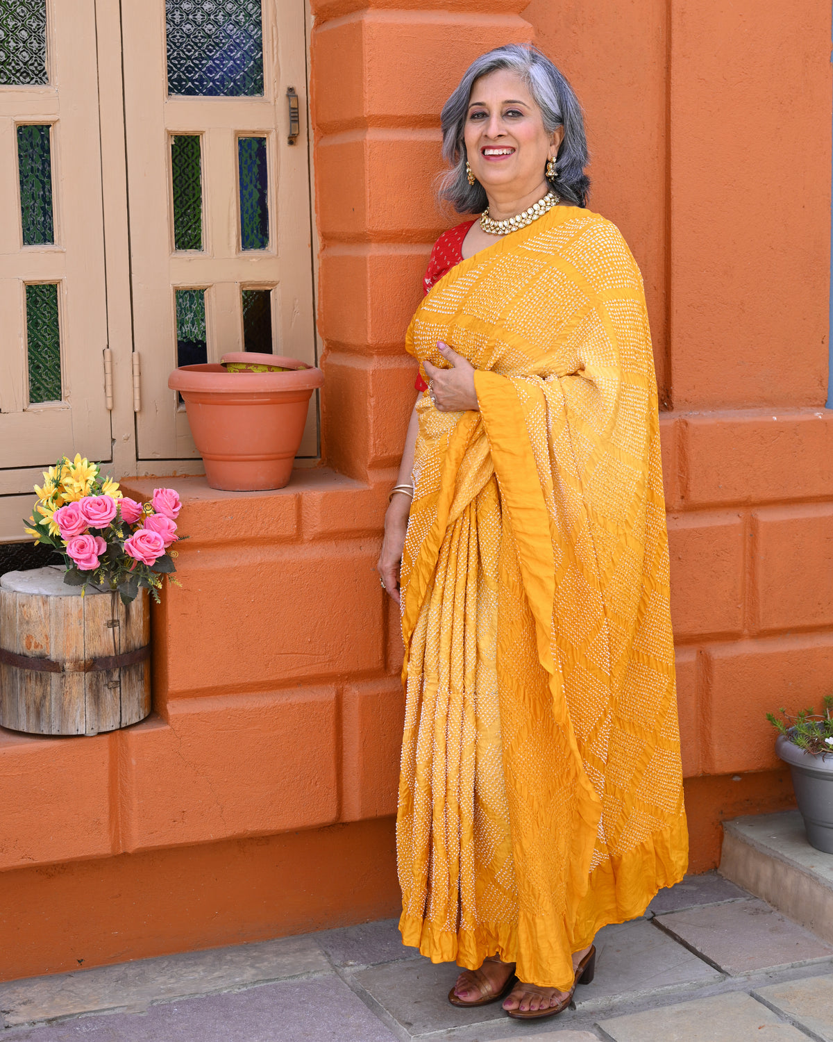 DIAMOND BANDHANI SILK SAREE YELLOW