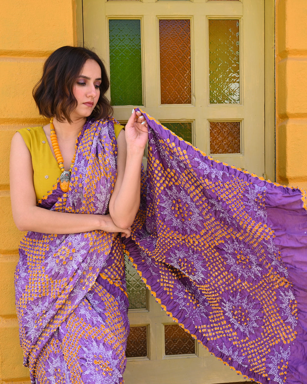 PURPLE SUNFLOWER BANDHANI SILK SAREE