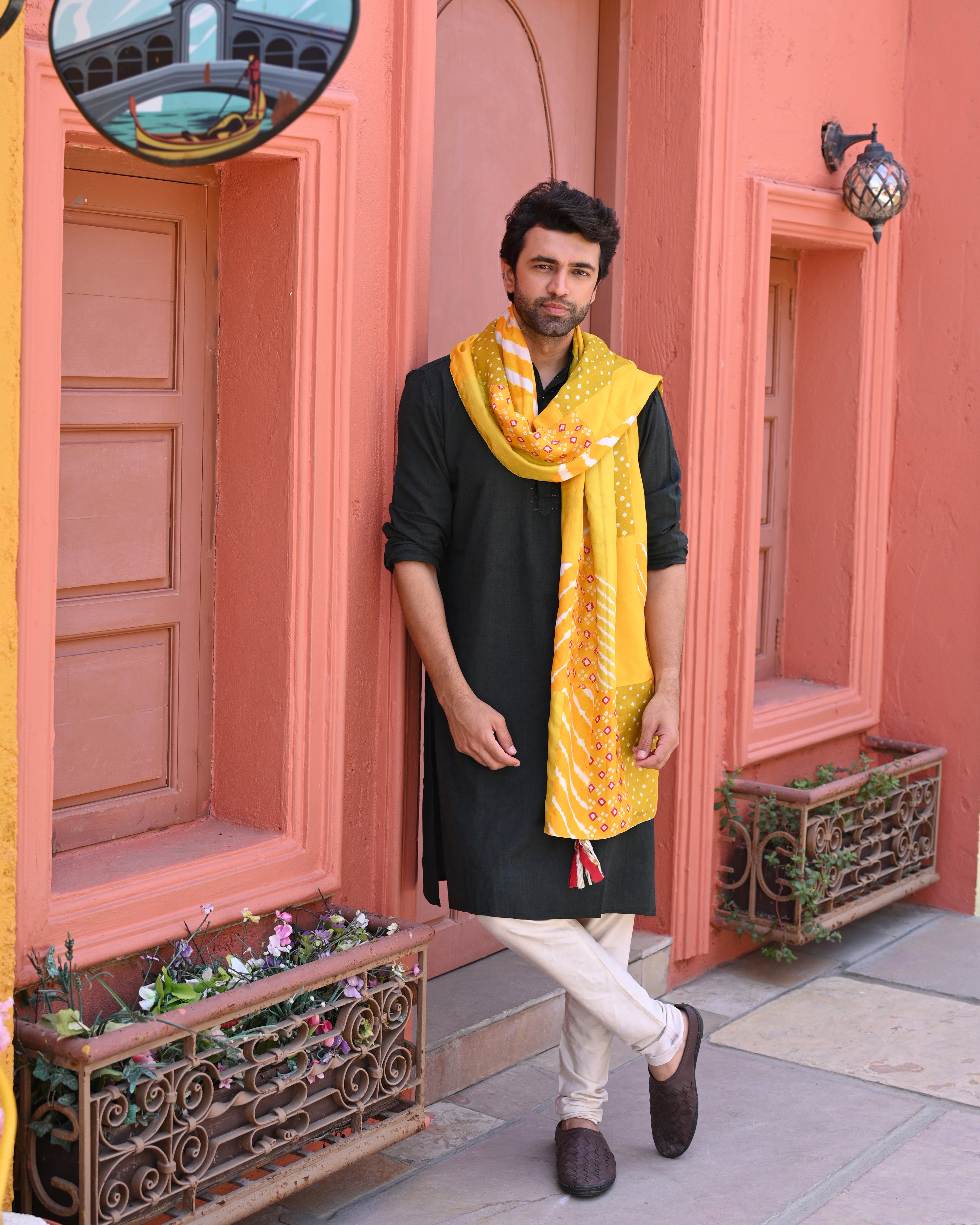 YELLOW BAARADOZI PATCHWORK REVERSIBLE SILK STOLE