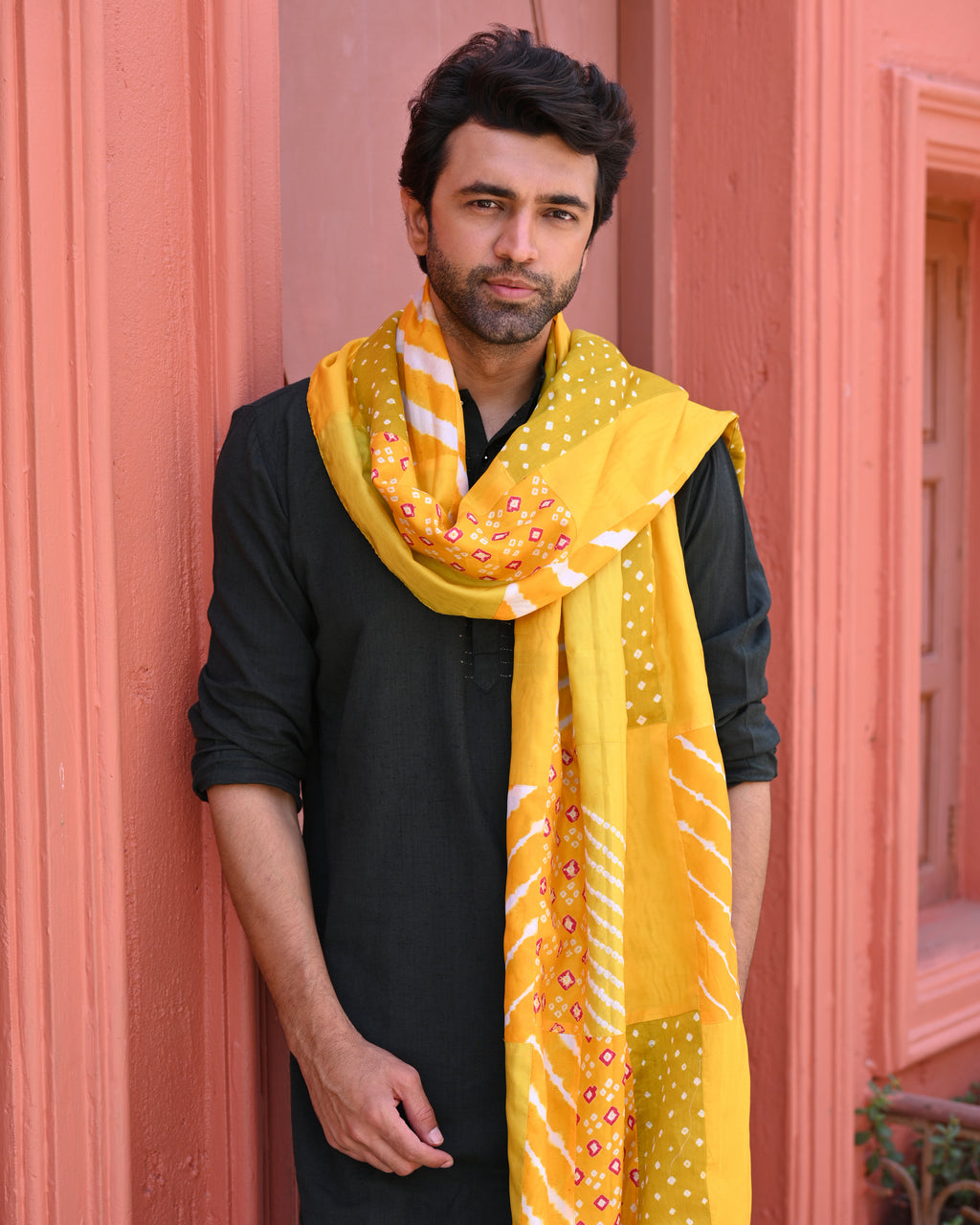 YELLOW BAARADOZI PATCHWORK REVERSIBLE SILK STOLE