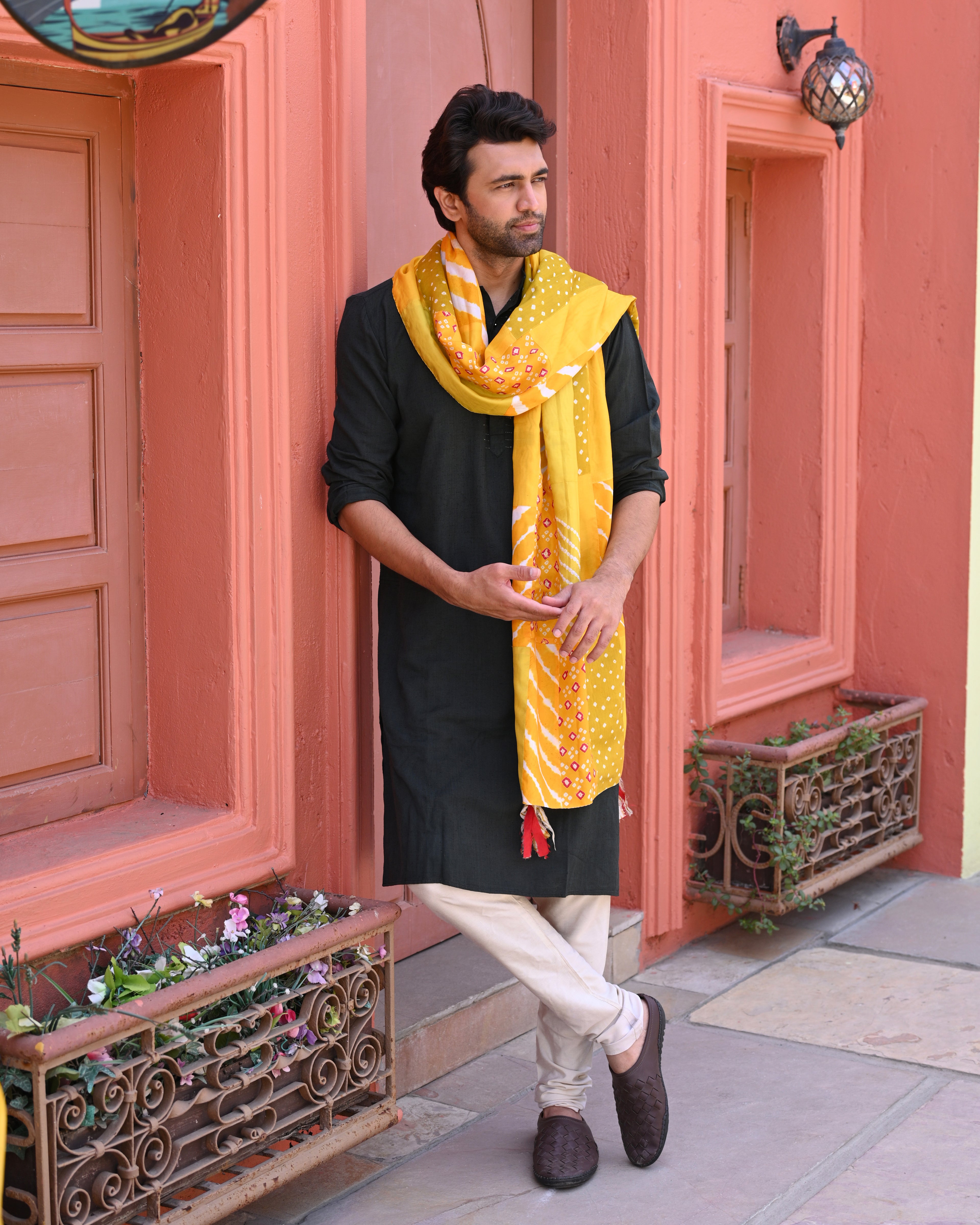 YELLOW BAARADOZI PATCHWORK REVERSIBLE SILK STOLE