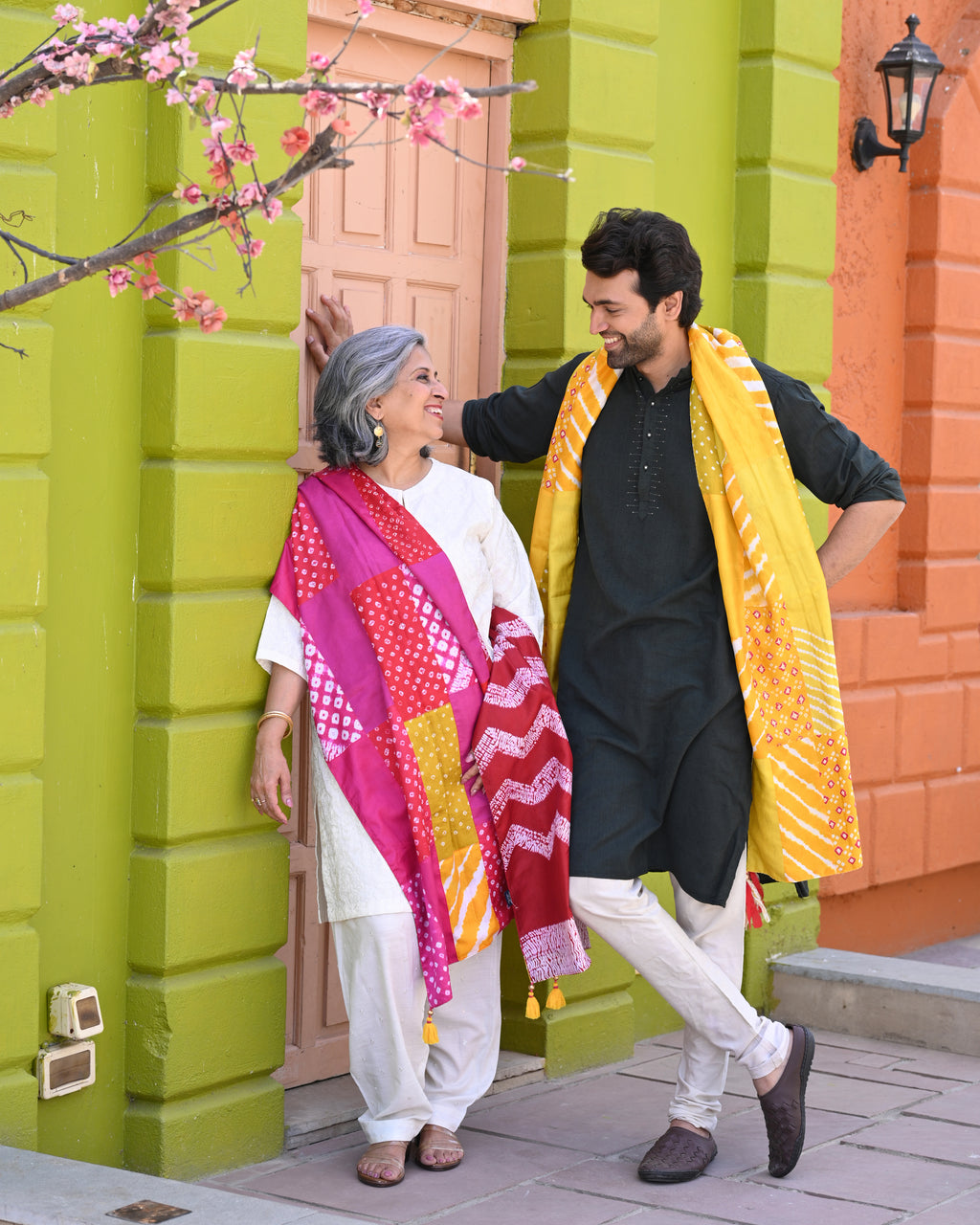 YELLOW BAARADOZI PATCHWORK REVERSIBLE SILK STOLE