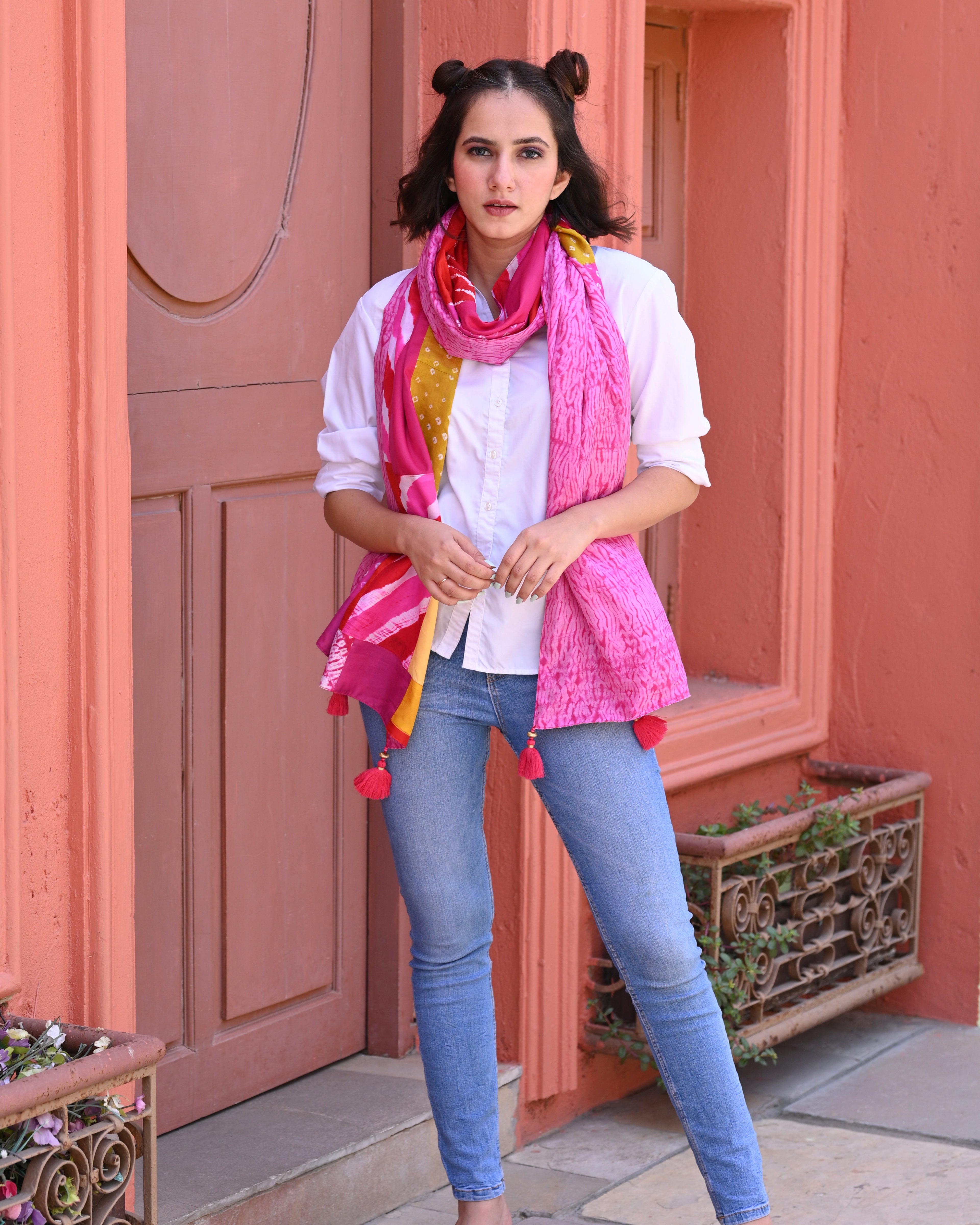 PINK BAARADOZI PATCHWORK REVERSIBLE SILK STOLE PINK