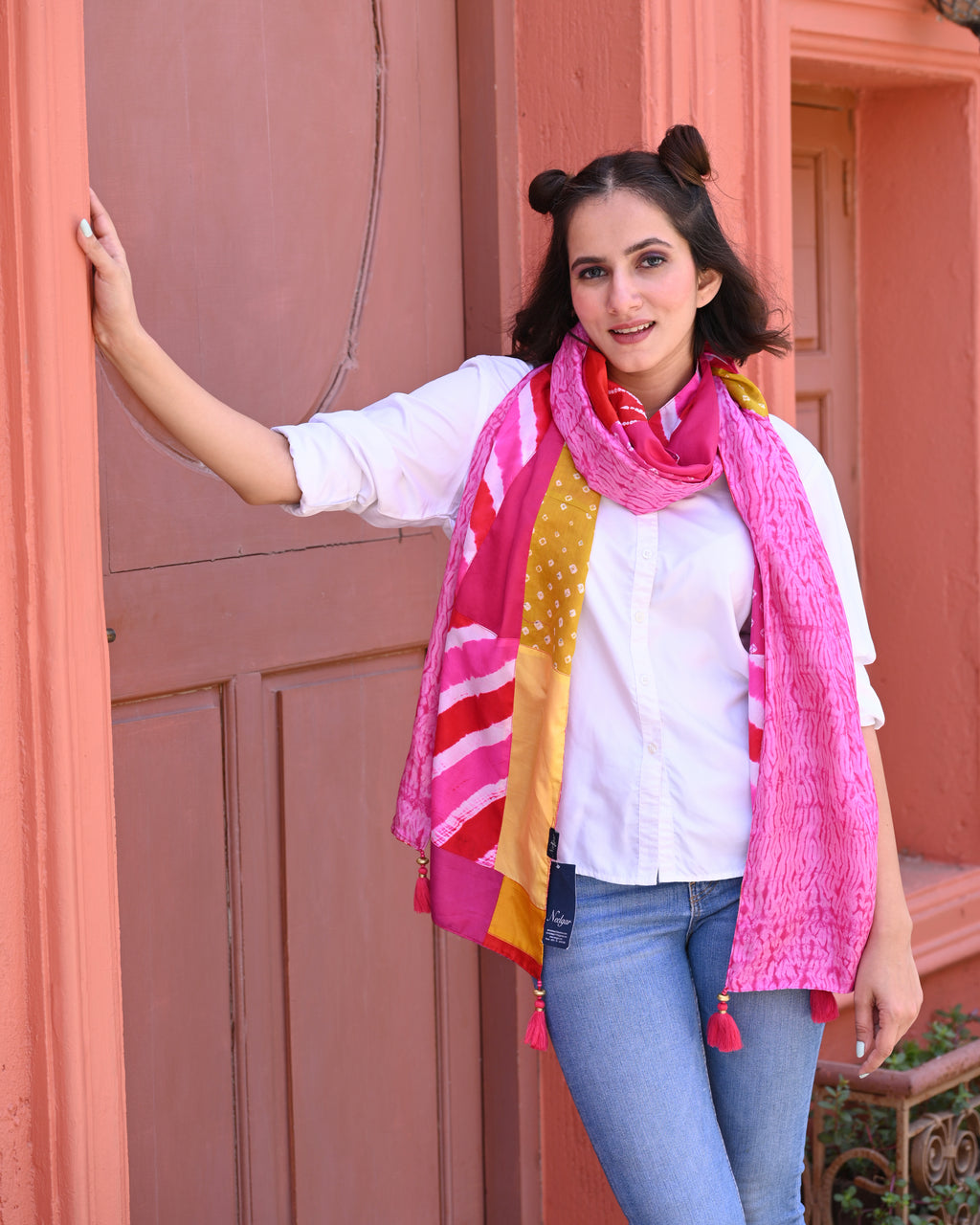 PINK BAARADOZI PATCHWORK REVERSIBLE SILK STOLE PINK