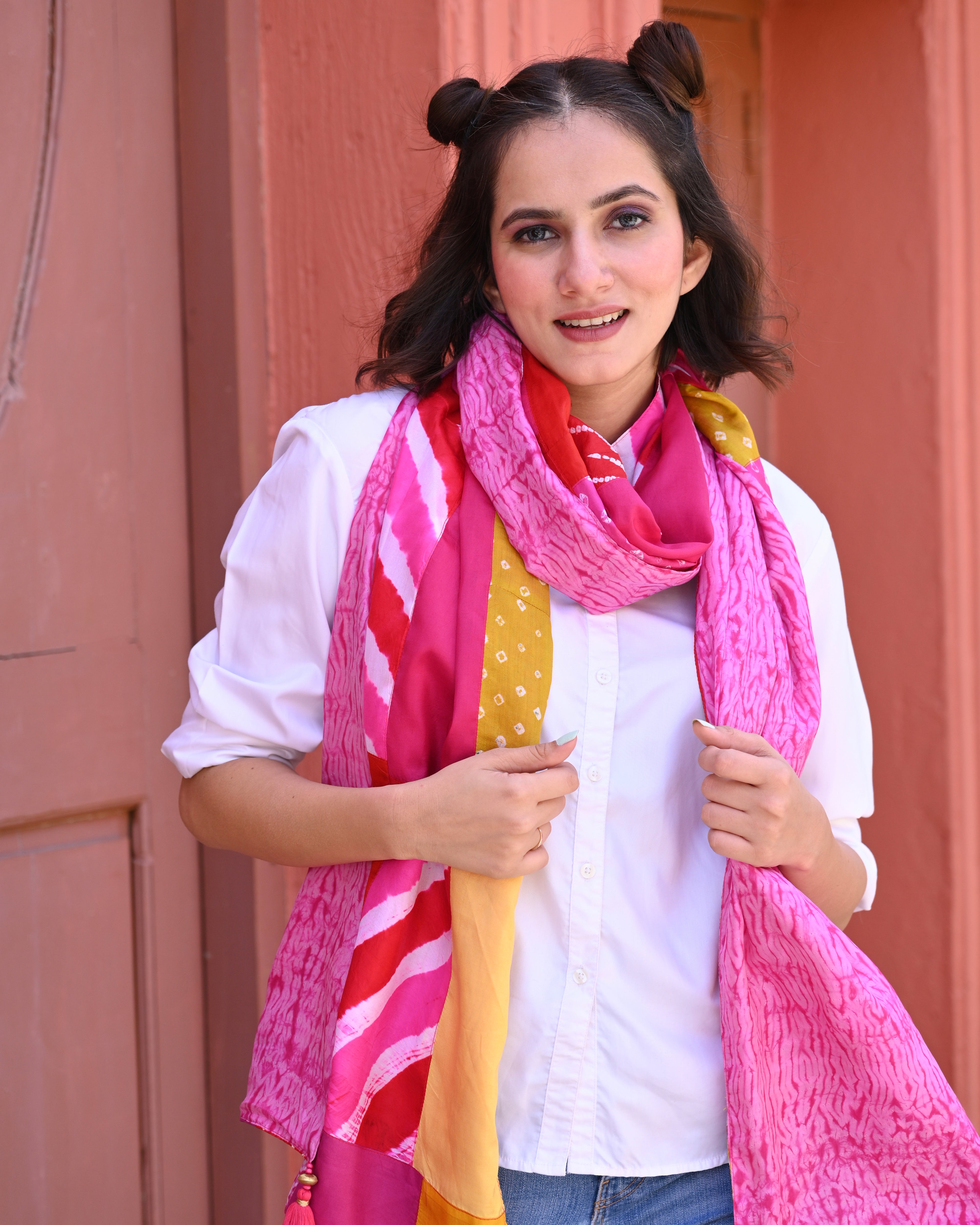 PINK BAARADOZI PATCHWORK REVERSIBLE SILK STOLE PINK