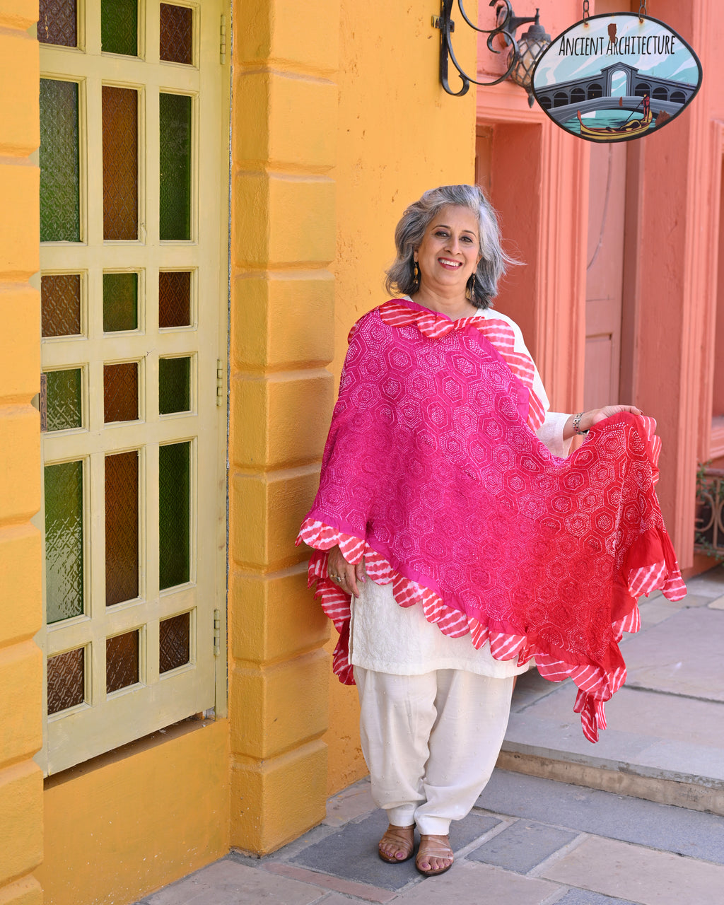 PINK-RED HONEYCOMB GEOMETRIC BANDHANI SILK DUPATTA WITH LEHERIYA SCALLOP BORDER
