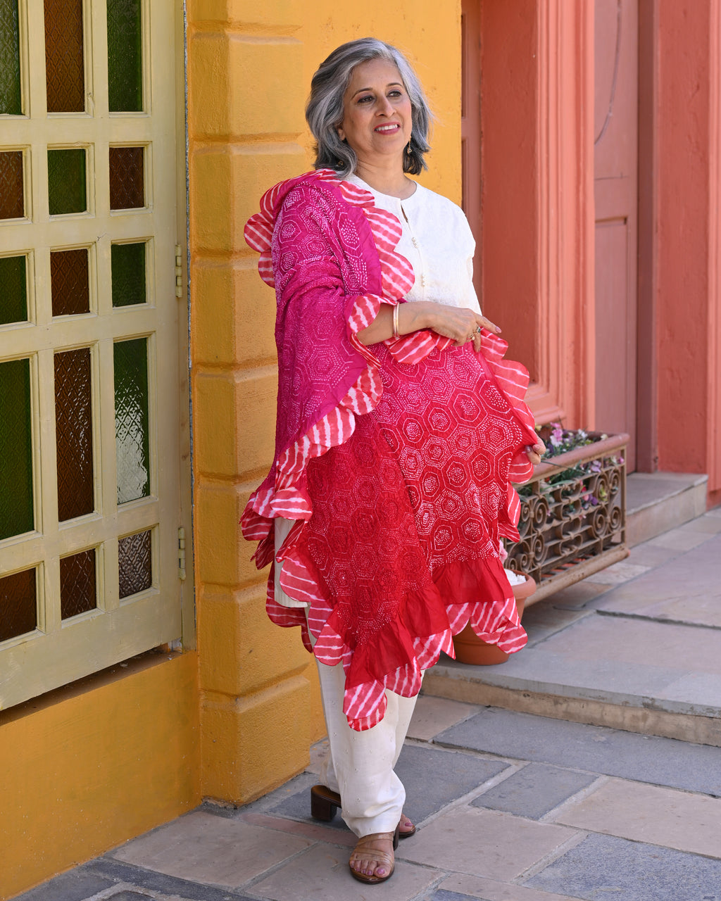 PINK-RED HONEYCOMB GEOMETRIC BANDHANI SILK DUPATTA WITH LEHERIYA SCALLOP BORDER