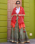 RED FLOWER BANDHANI SILK DUPATTA WITH SILK BORDER AND TASSELS
