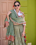 LIGHT GREEN FLOWER BANDHANI SILK DUPATTA WITH BORDER AND TASSELS