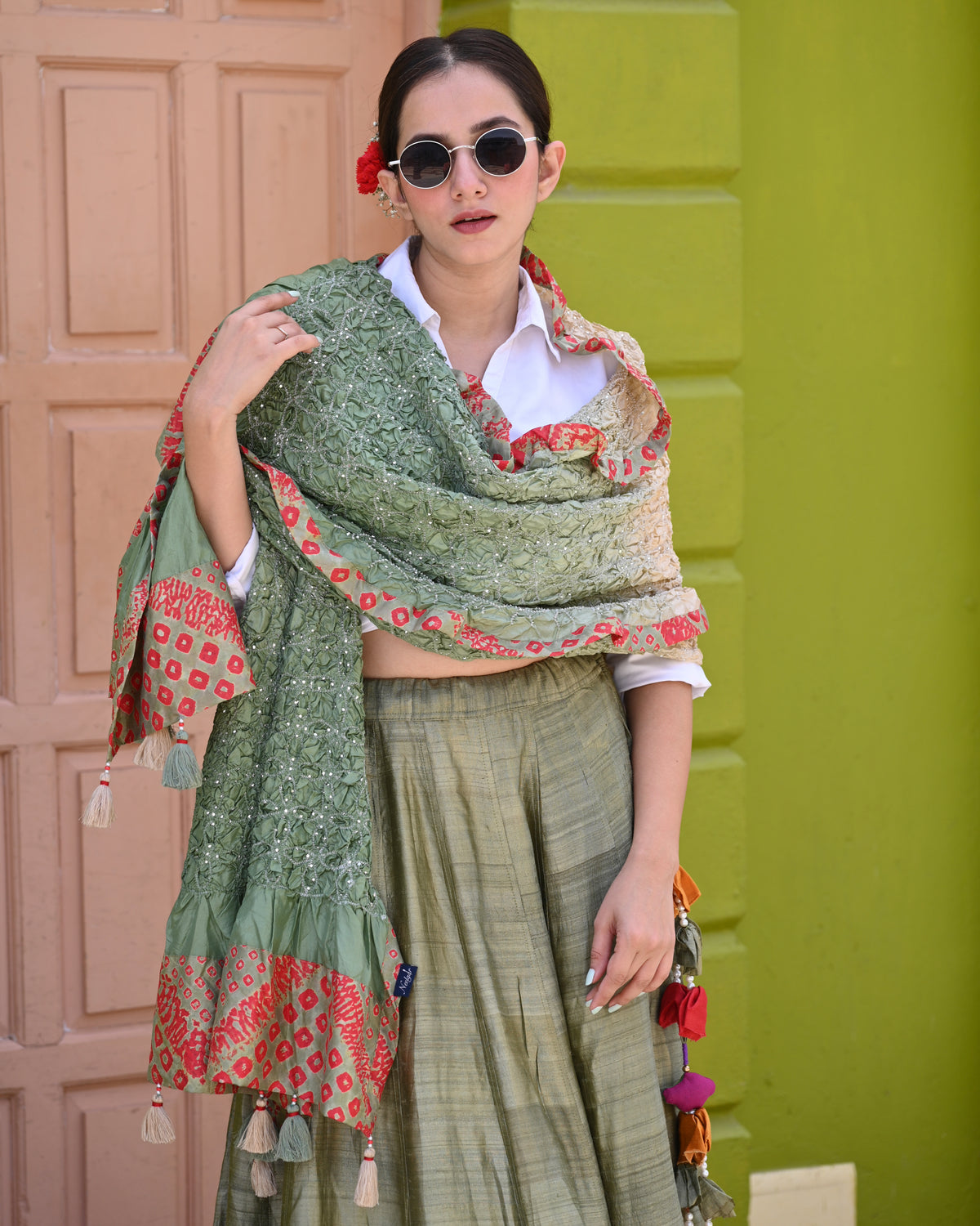 POPPY FLOWER BANDHANI SILK DUPATTA WITH BORDER AND TASSELS OLIVE GREEN