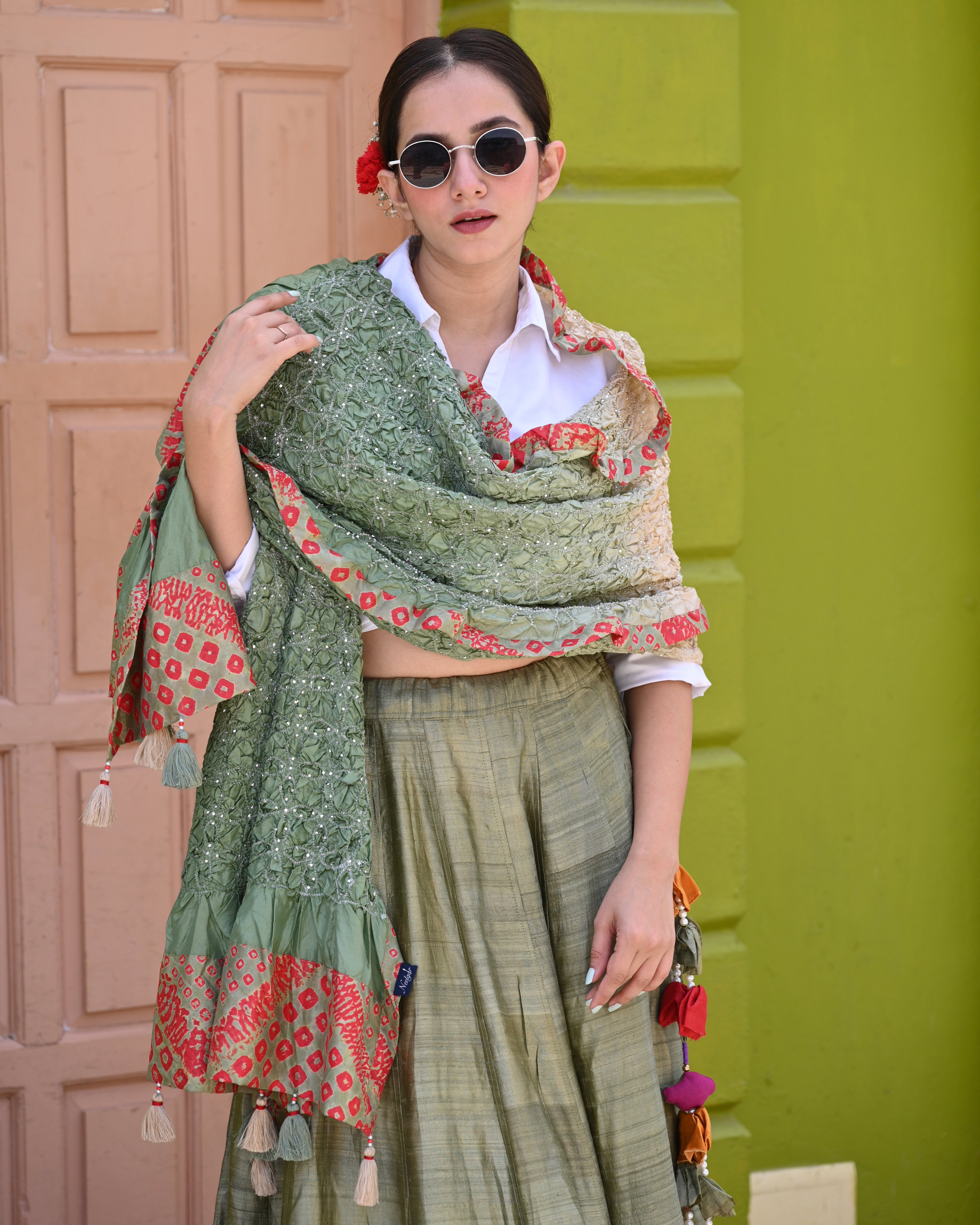 LIGHT GREEN FLOWER BANDHANI SILK DUPATTA WITH BORDER AND TASSELS