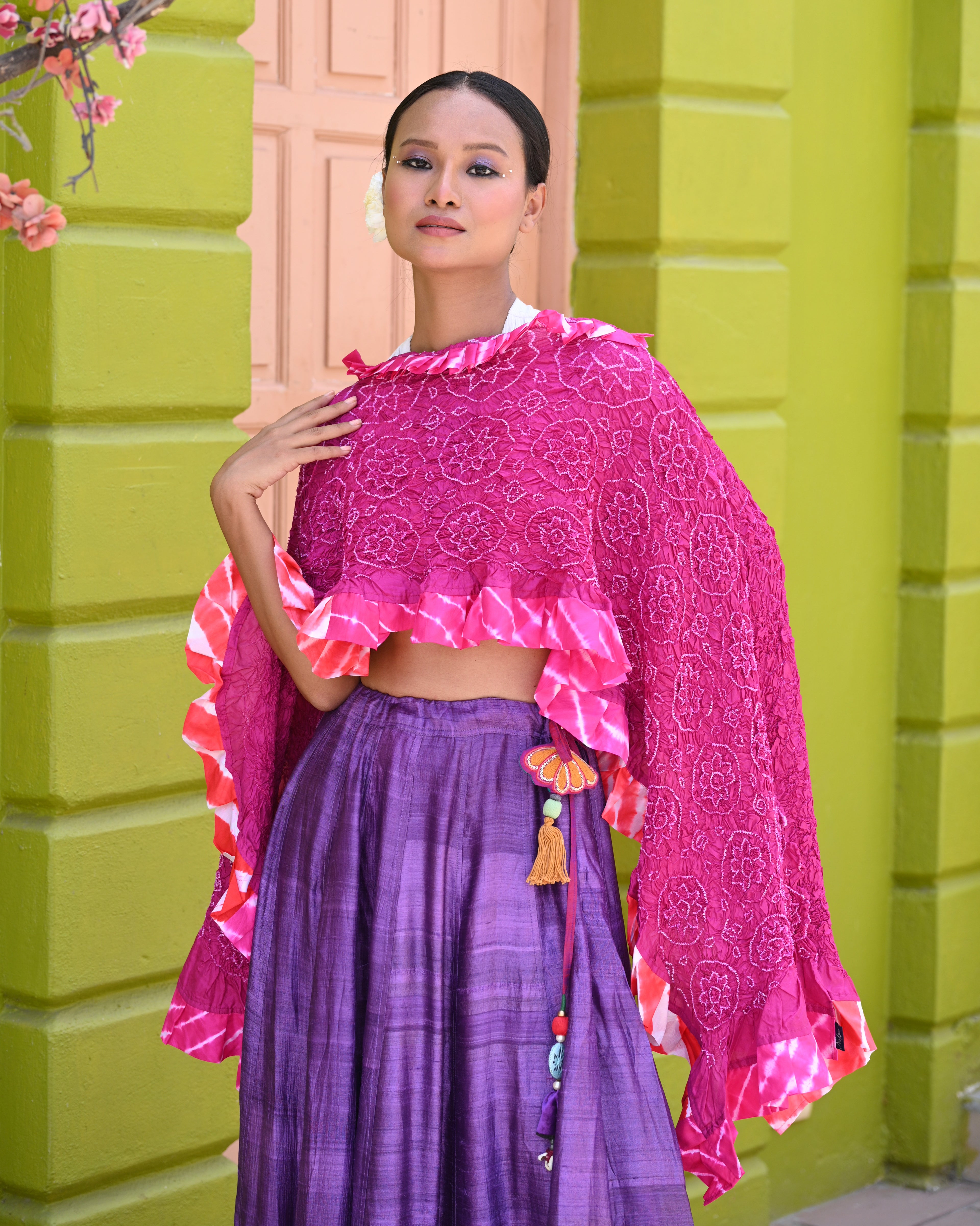 PINK FLOWER BANDHANI SILK DUPATTA WITH LEHERIYA BORDER