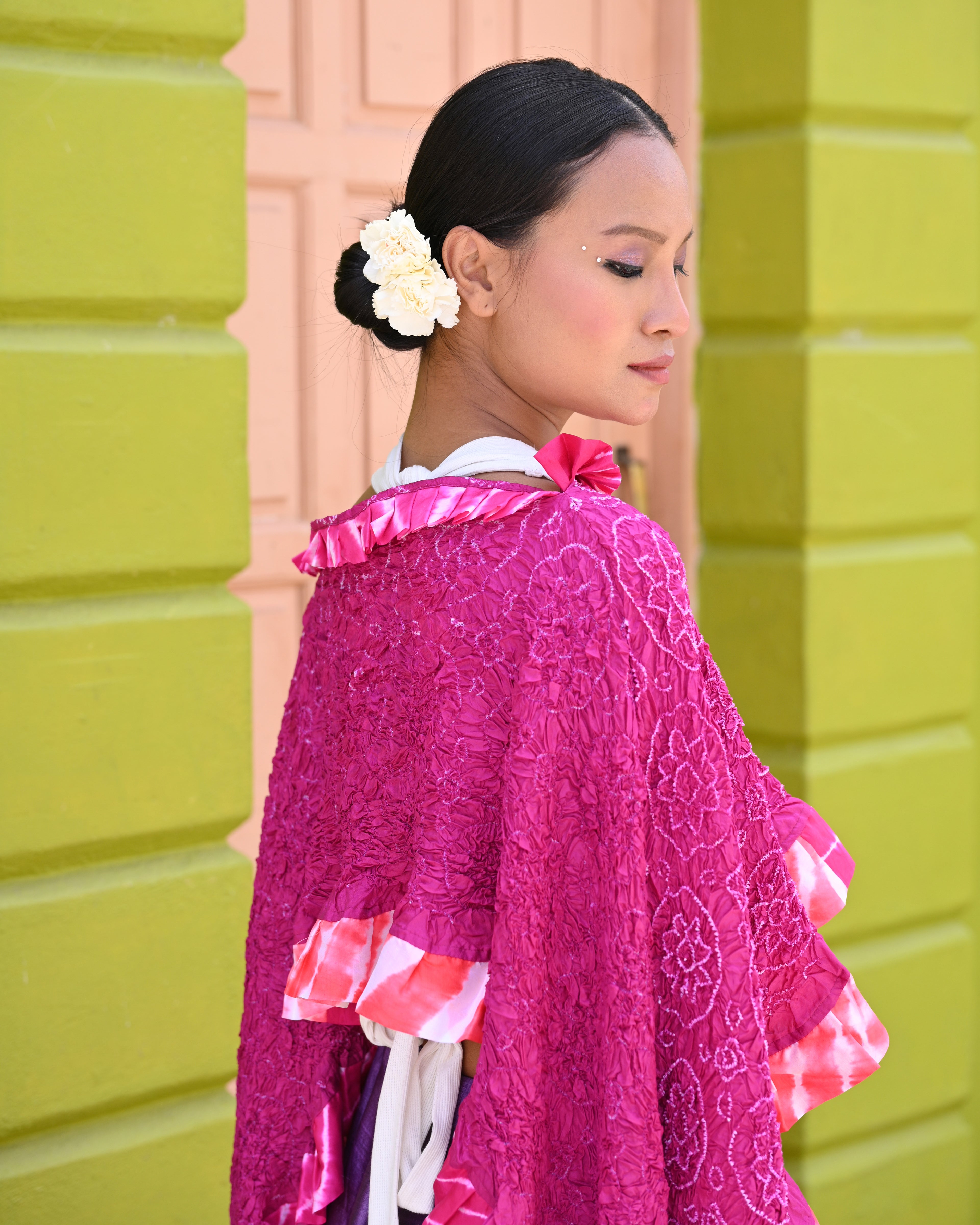 PINK FLOWER BANDHANI SILK DUPATTA WITH LEHERIYA BORDER