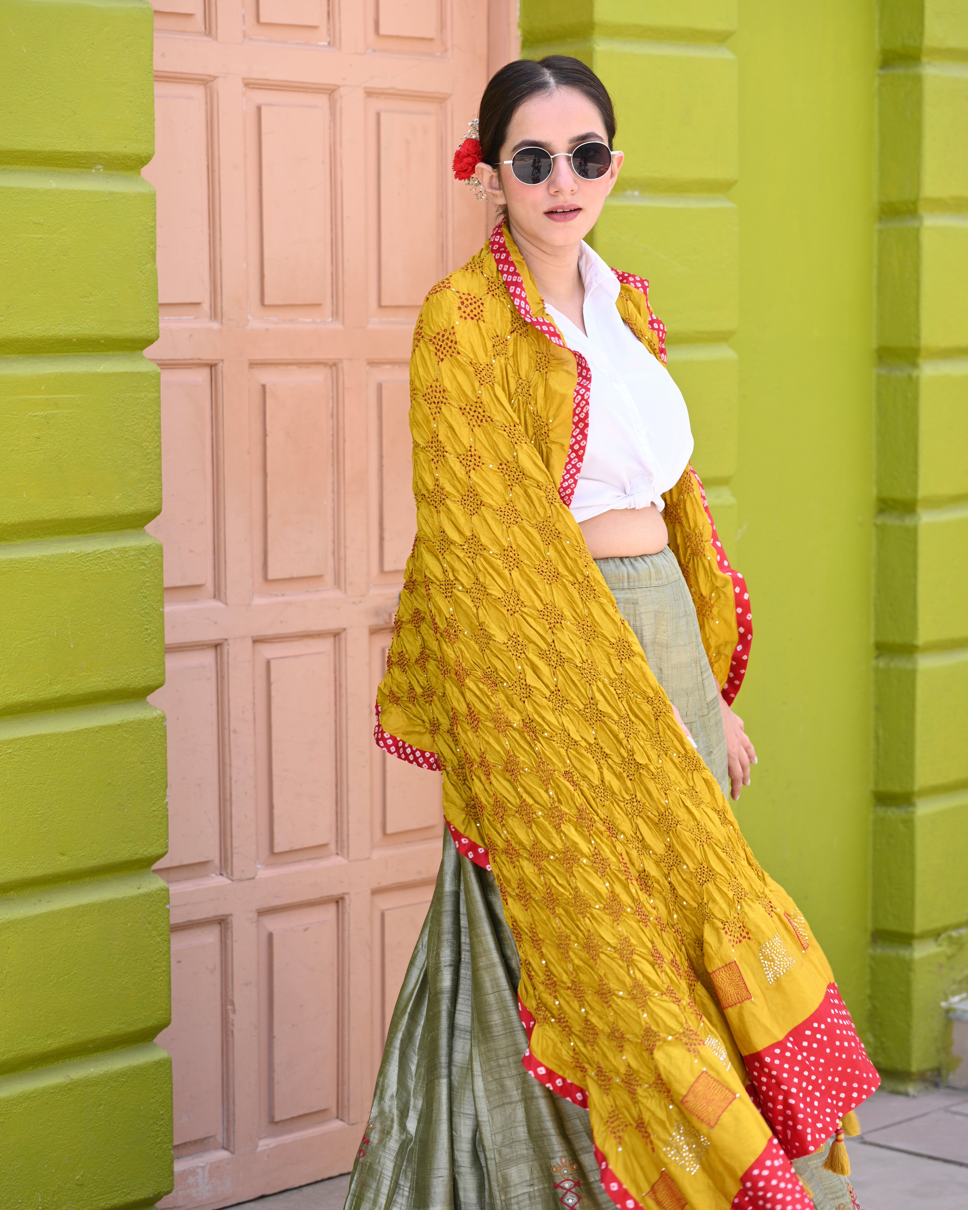 YELLOW SQUARE GEOMETRIC BANDHANI SILK DUPATTA WITH SILK BORDER AND TASSELS