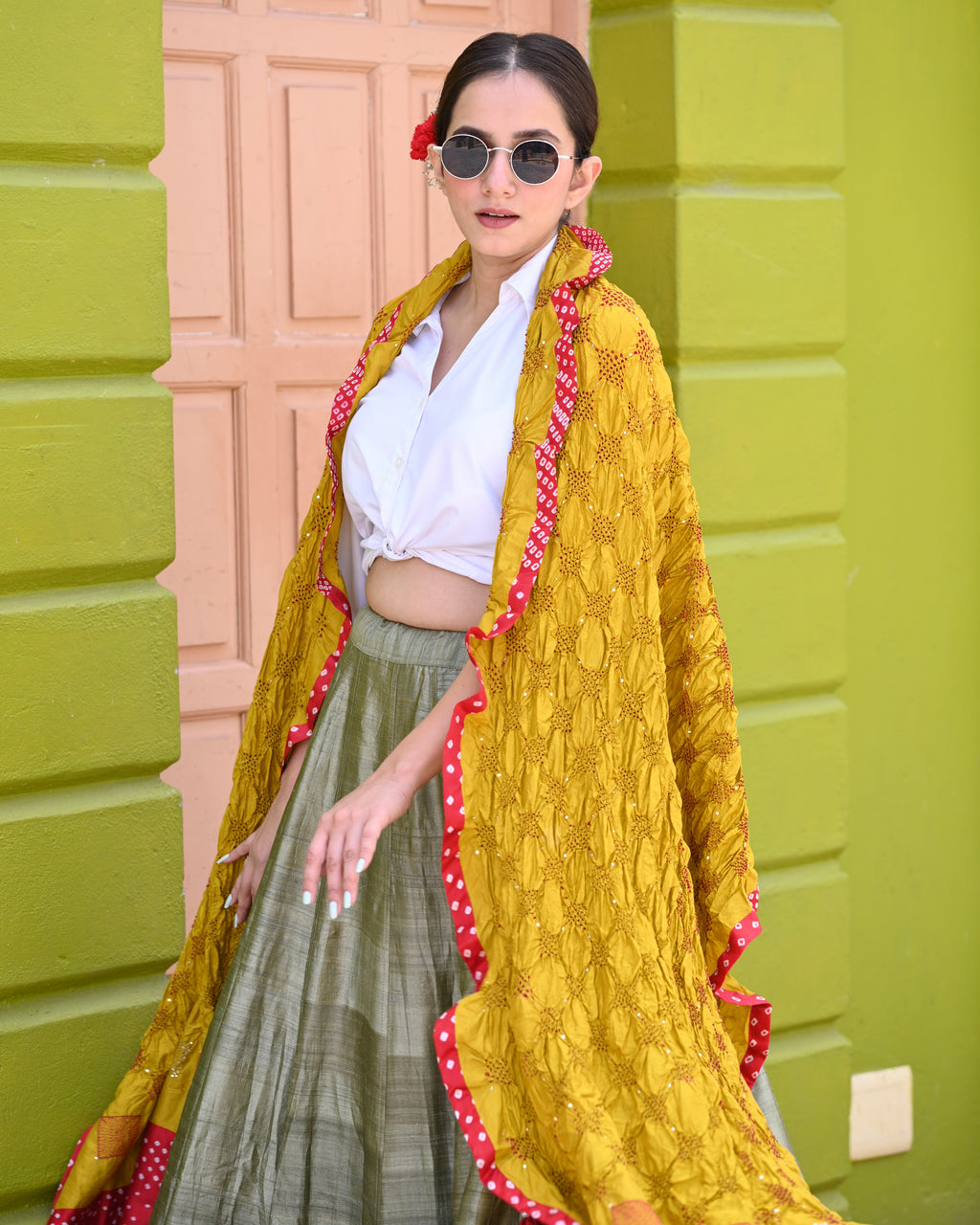 YELLOW SQUARE GEOMETRIC BANDHANI SILK DUPATTA WITH SILK BORDER AND TASSELS