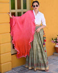 PEACH-ORANGE CHEVRON BANDHANI SILK DUPATTA WITH LEHERIYA SCALLOP BORDER