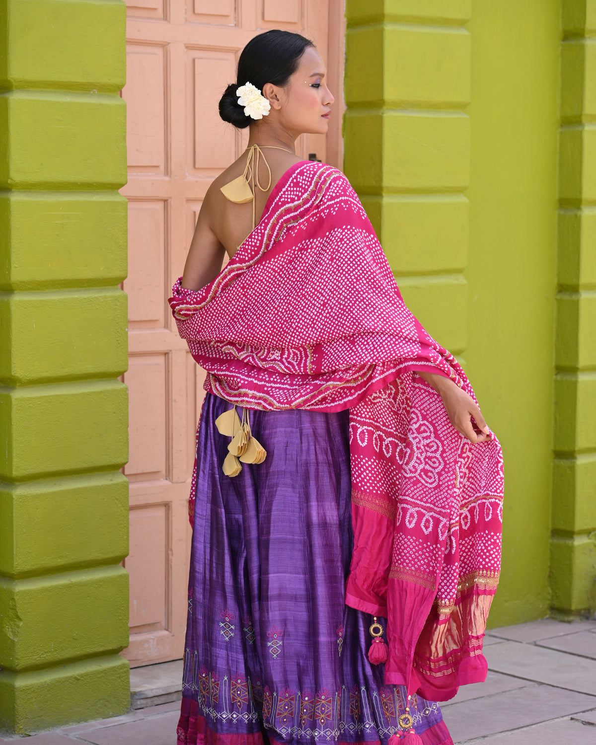 CHANDRAKHUNI BANDHANI SILK DUPATTA WITH MARODI WORK AND TASSELS MAGENTA PINK