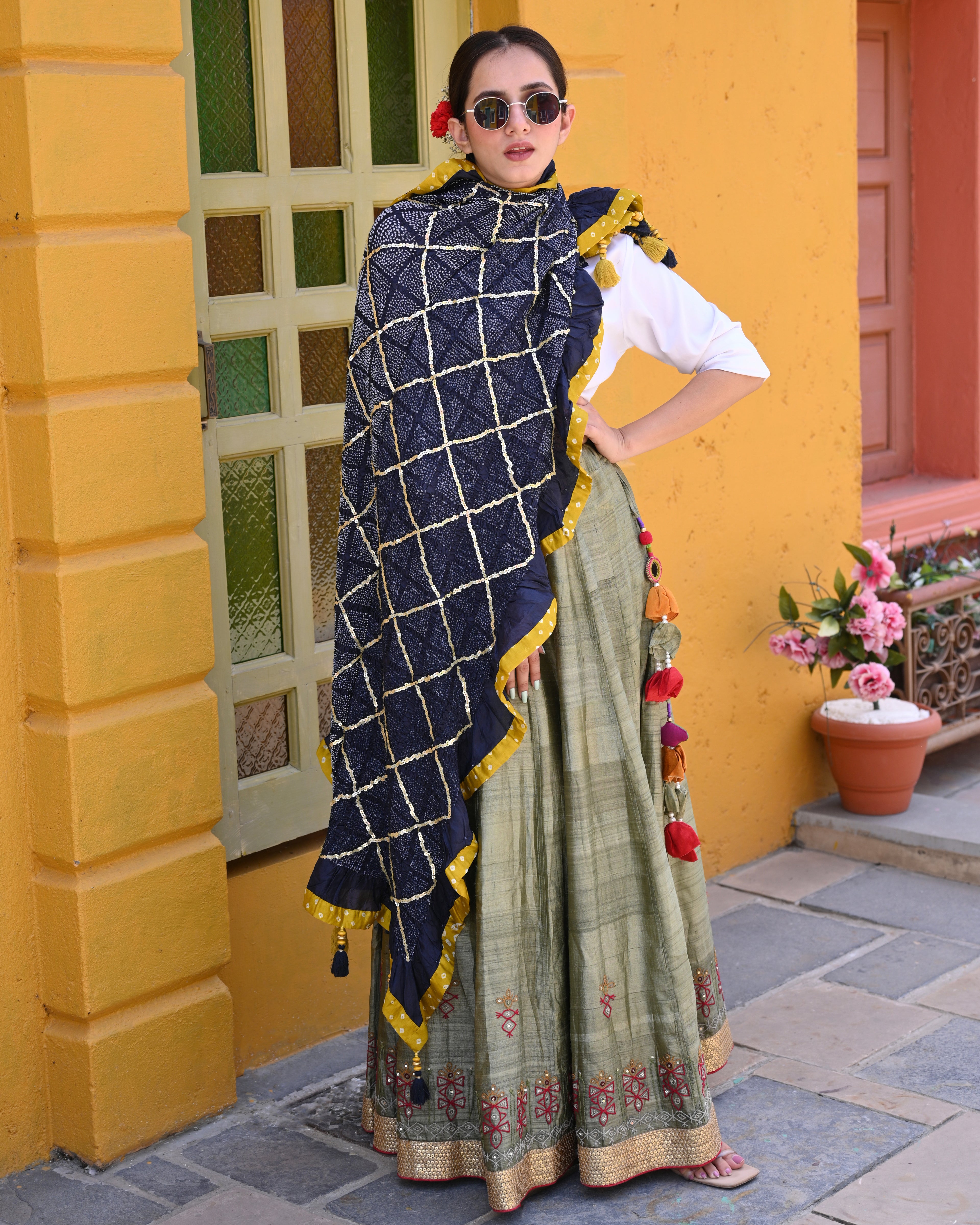 INDIGO BLUE SQUARE 4 GEOMETRIC BANDHANI SILK DUPATTA WITH SEQUIN WORK AND BORDER