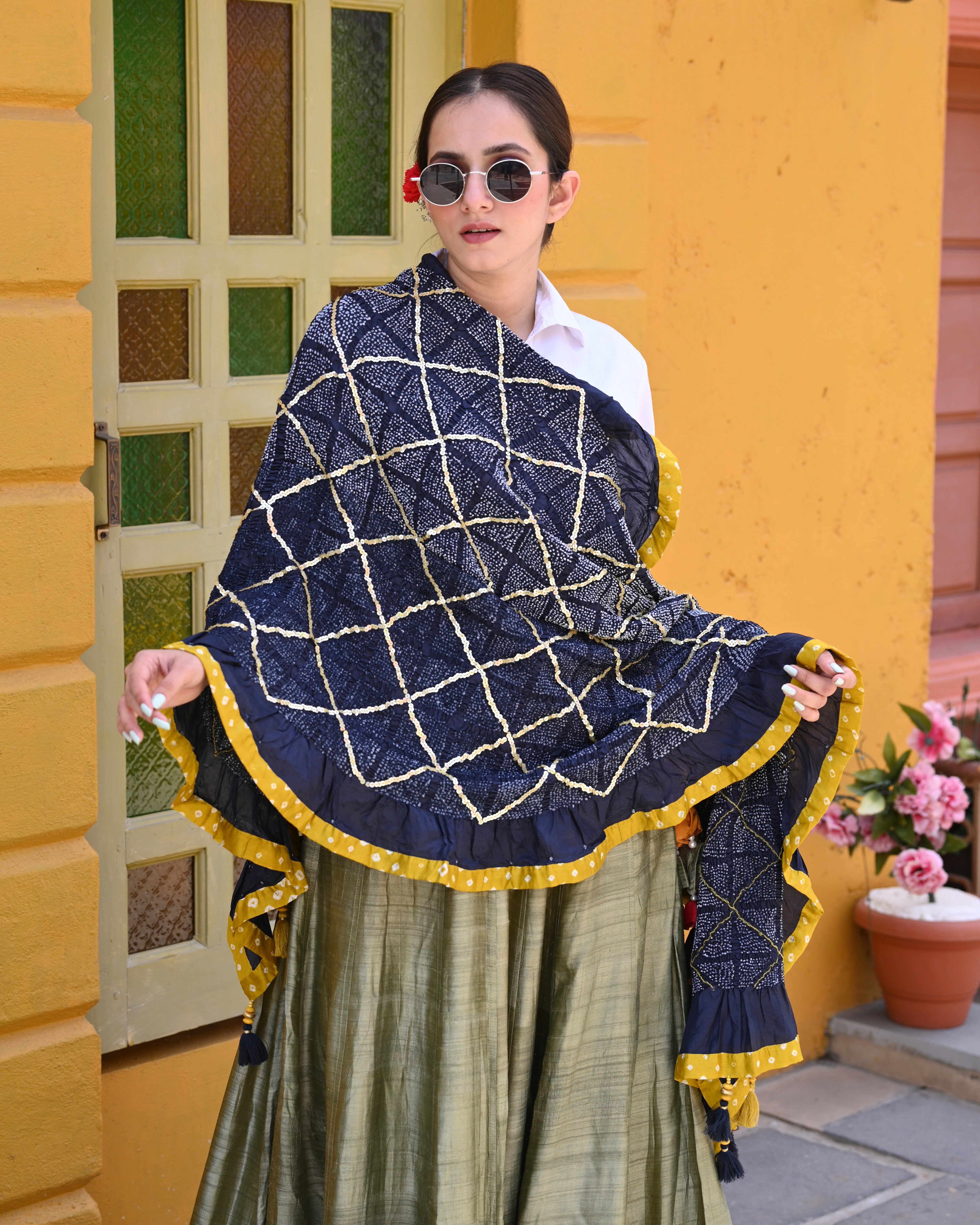 INDIGO BLUE SQUARE 4 GEOMETRIC BANDHANI SILK DUPATTA WITH SEQUIN WORK AND BORDER