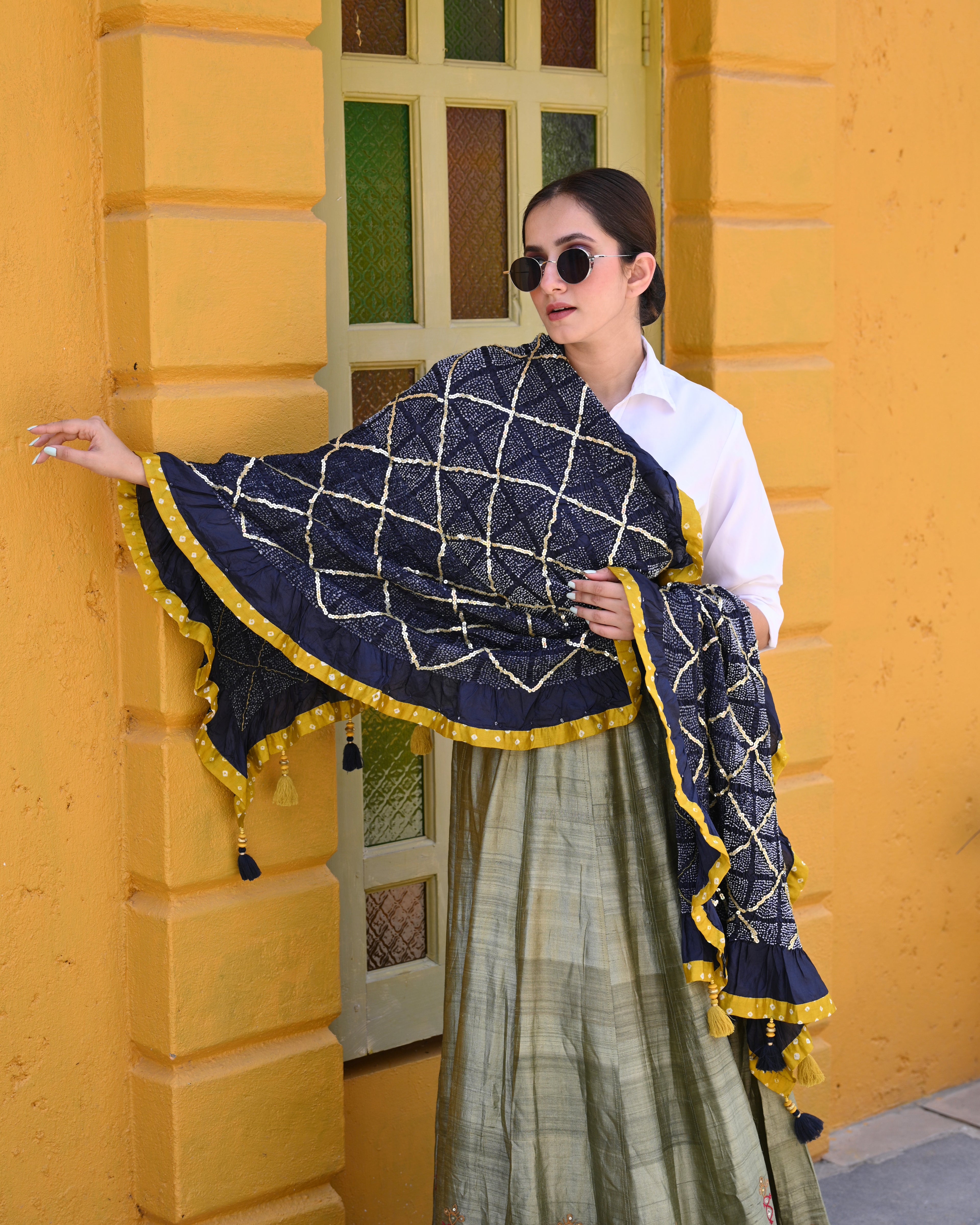 INDIGO BLUE SQUARE 4 GEOMETRIC BANDHANI SILK DUPATTA WITH SEQUIN WORK AND BORDER