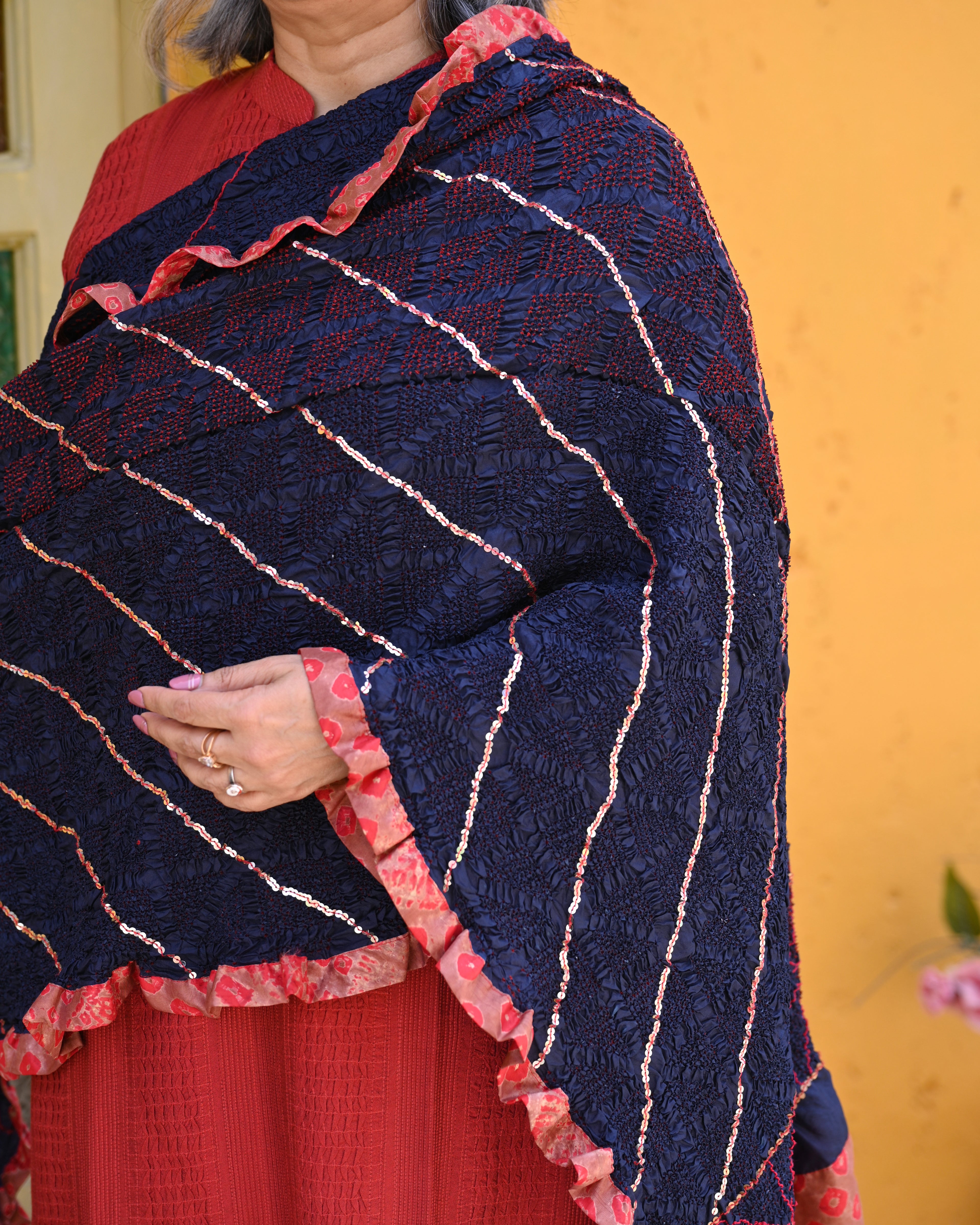 INDIGO BLUE SQUARE 4 GEOMETRIC BANDHANI SILK DUPATTA WITH SEQUIN WORK AND SILK BORDER