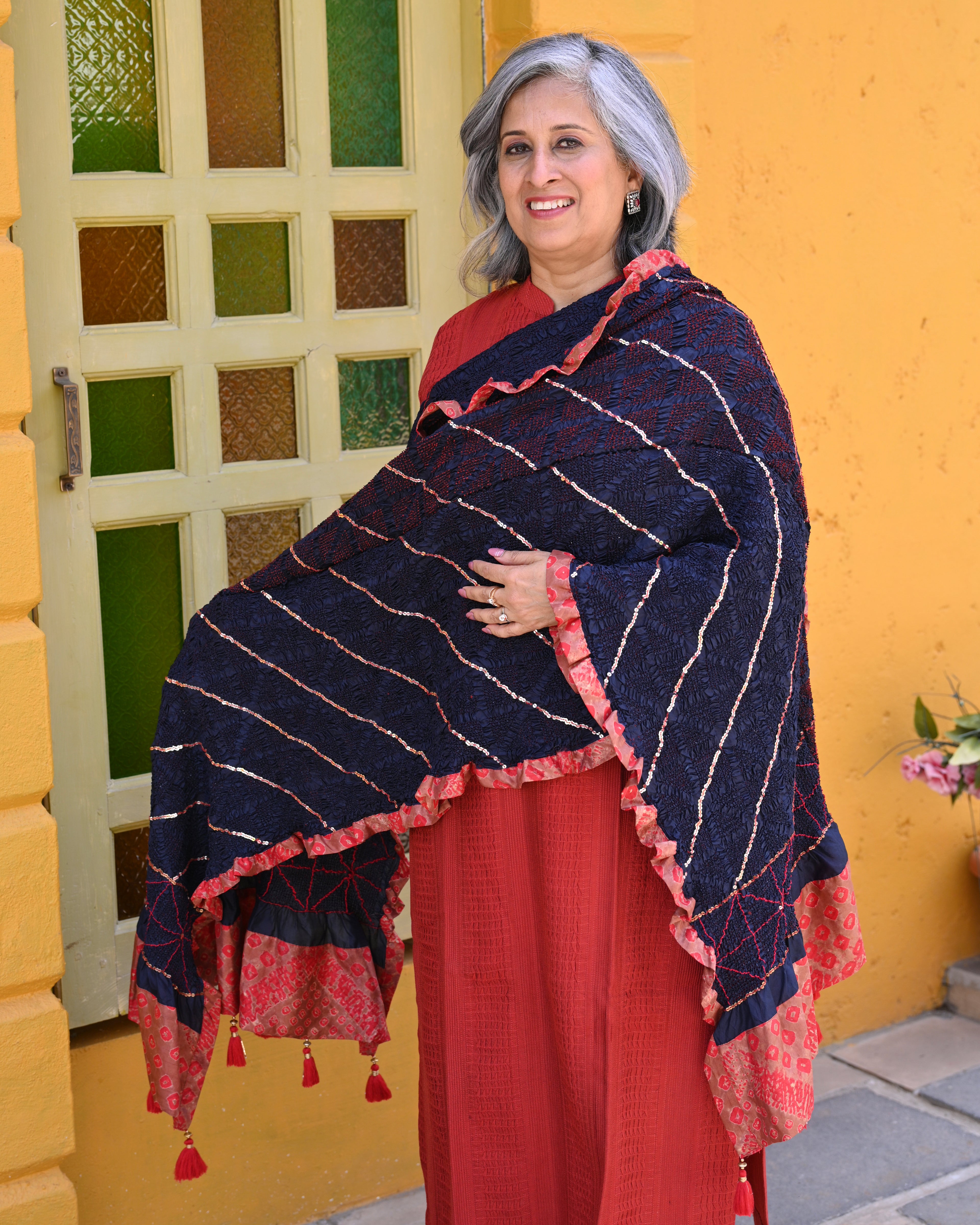 INDIGO BLUE SQUARE 4 GEOMETRIC BANDHANI SILK DUPATTA WITH SEQUIN WORK AND SILK BORDER