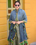 GREY CIRCLES OF THE LIFE BANDHANI SILK DUPATTA WITH LAMPI BORDER AND TASSELS