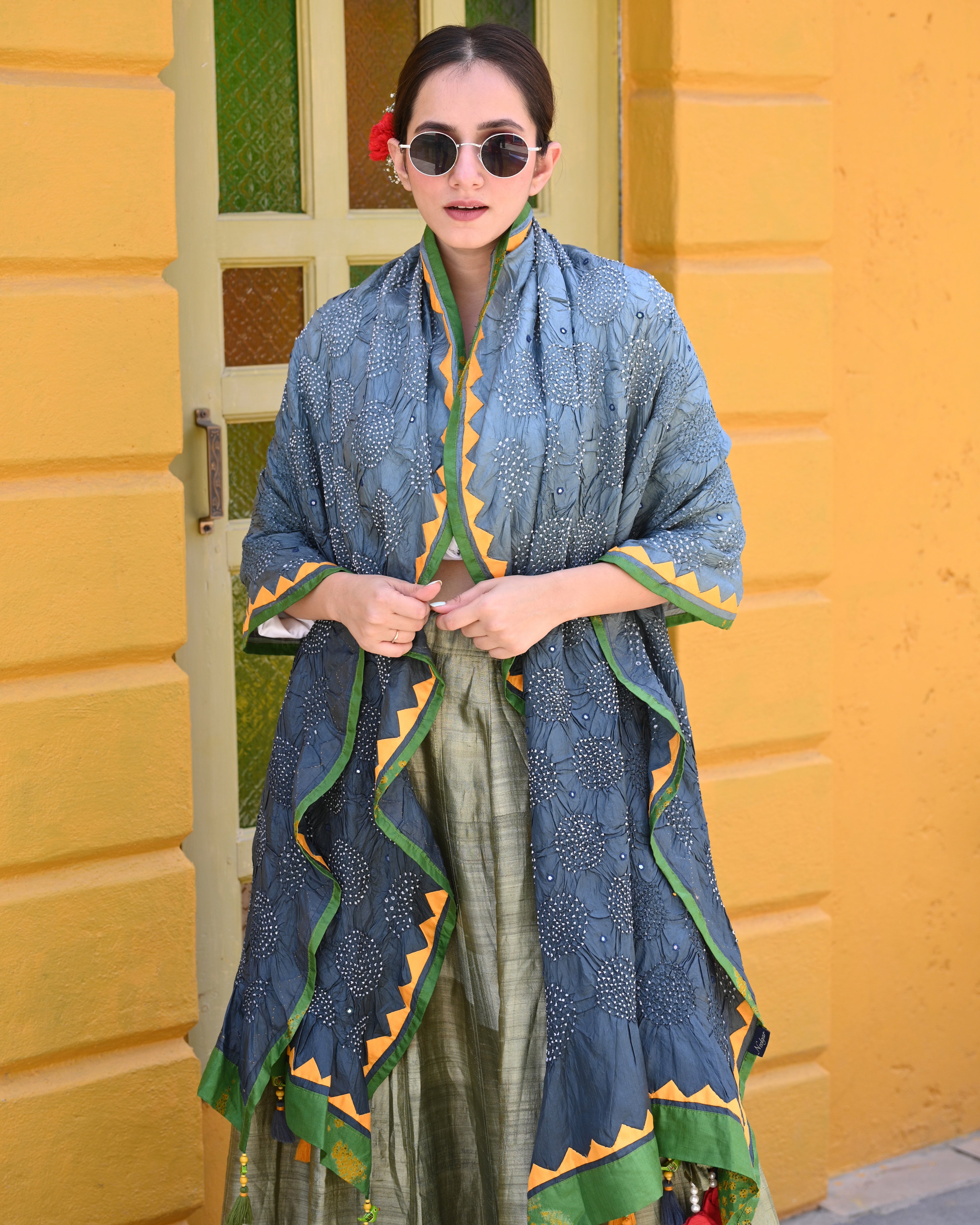 GREY CIRCLES OF THE LIFE BANDHANI SILK DUPATTA WITH LAMPI BORDER AND TASSELS