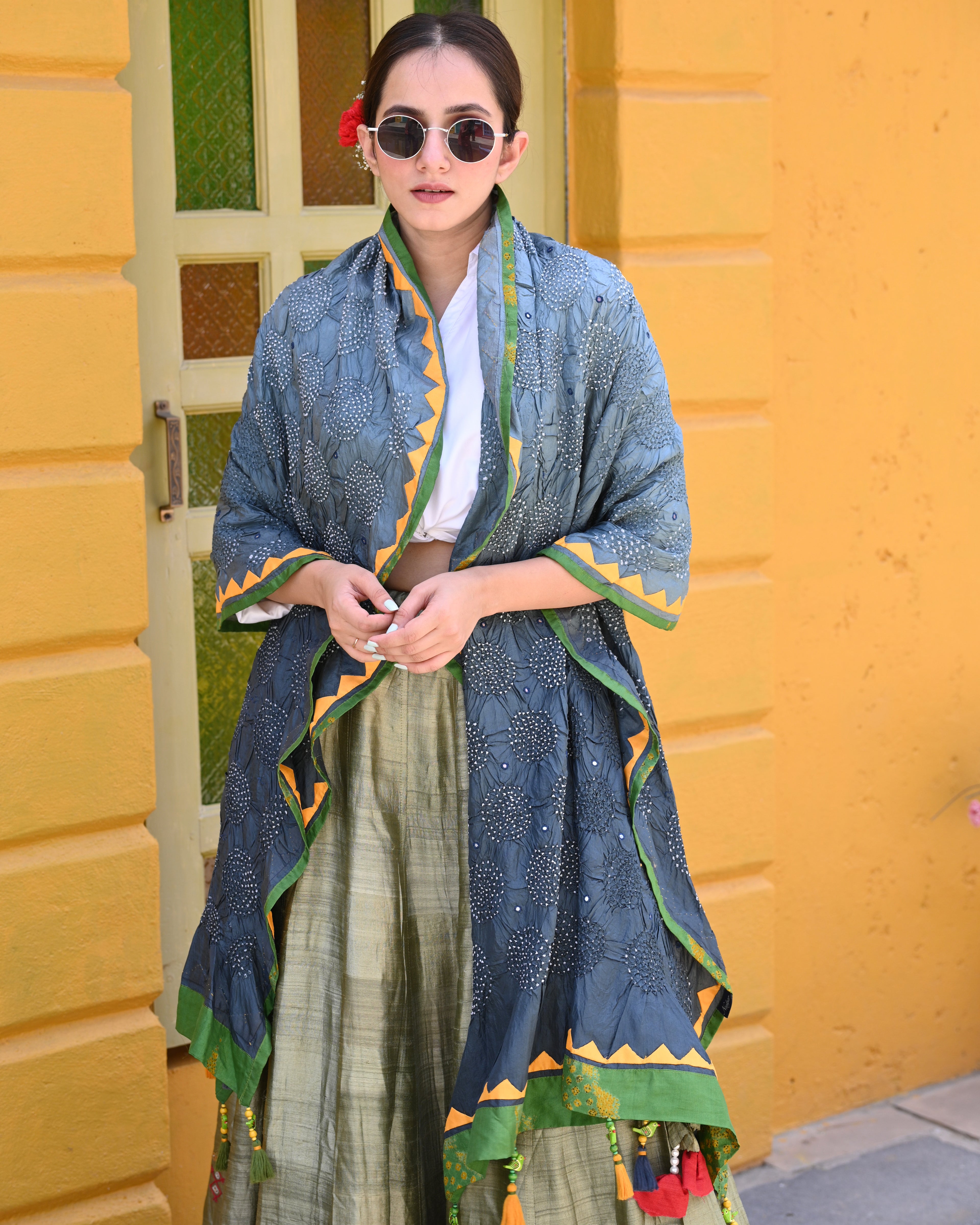 GREY CIRCLES OF THE LIFE BANDHANI SILK DUPATTA WITH LAMPI BORDER AND TASSELS