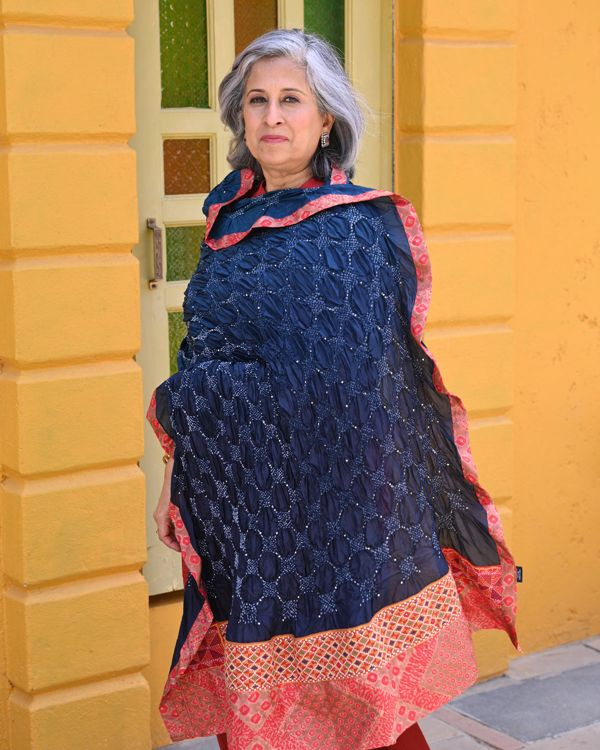 GEOMETRIC BANDHANI SILK DUPATTA WITH MUKAISH WORK AND BORDER NAVY BLUE