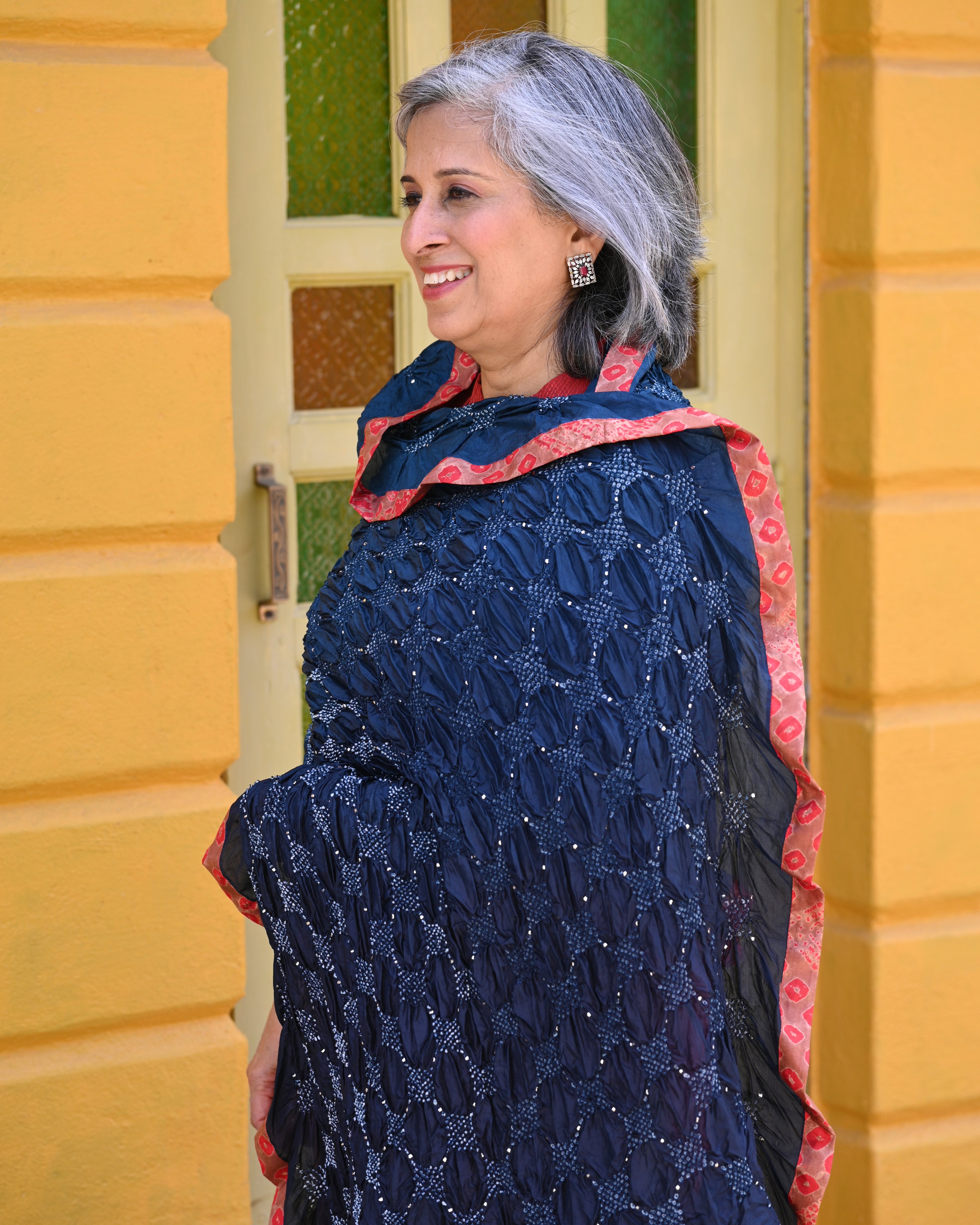 INDIGO BLUE SQUARE GEOMETRIC BANDHANI SILK DUPATTA WITH MUKAISH WORK AND SILK BORDER