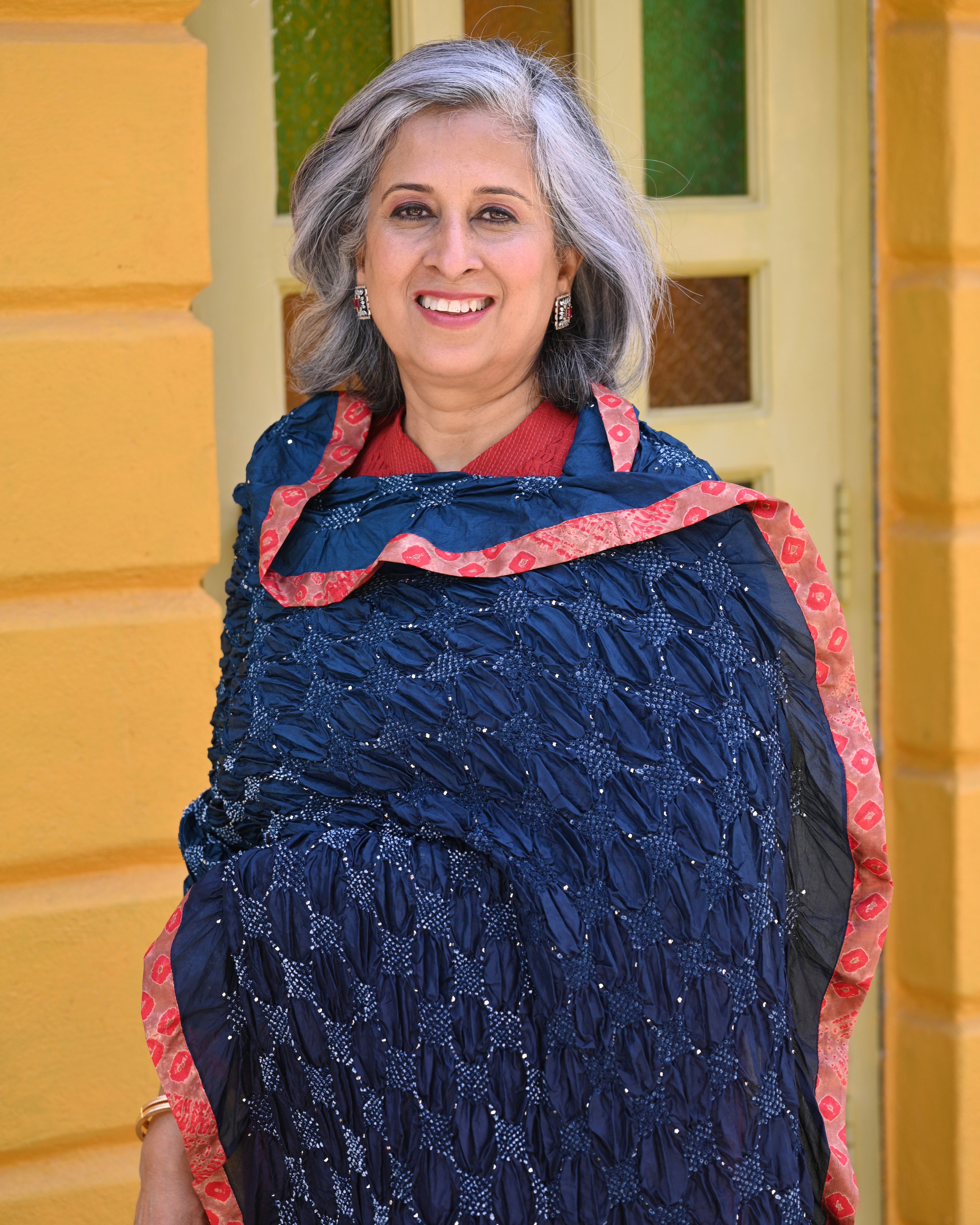 INDIGO BLUE SQUARE GEOMETRIC BANDHANI SILK DUPATTA WITH MUKAISH WORK AND SILK BORDER