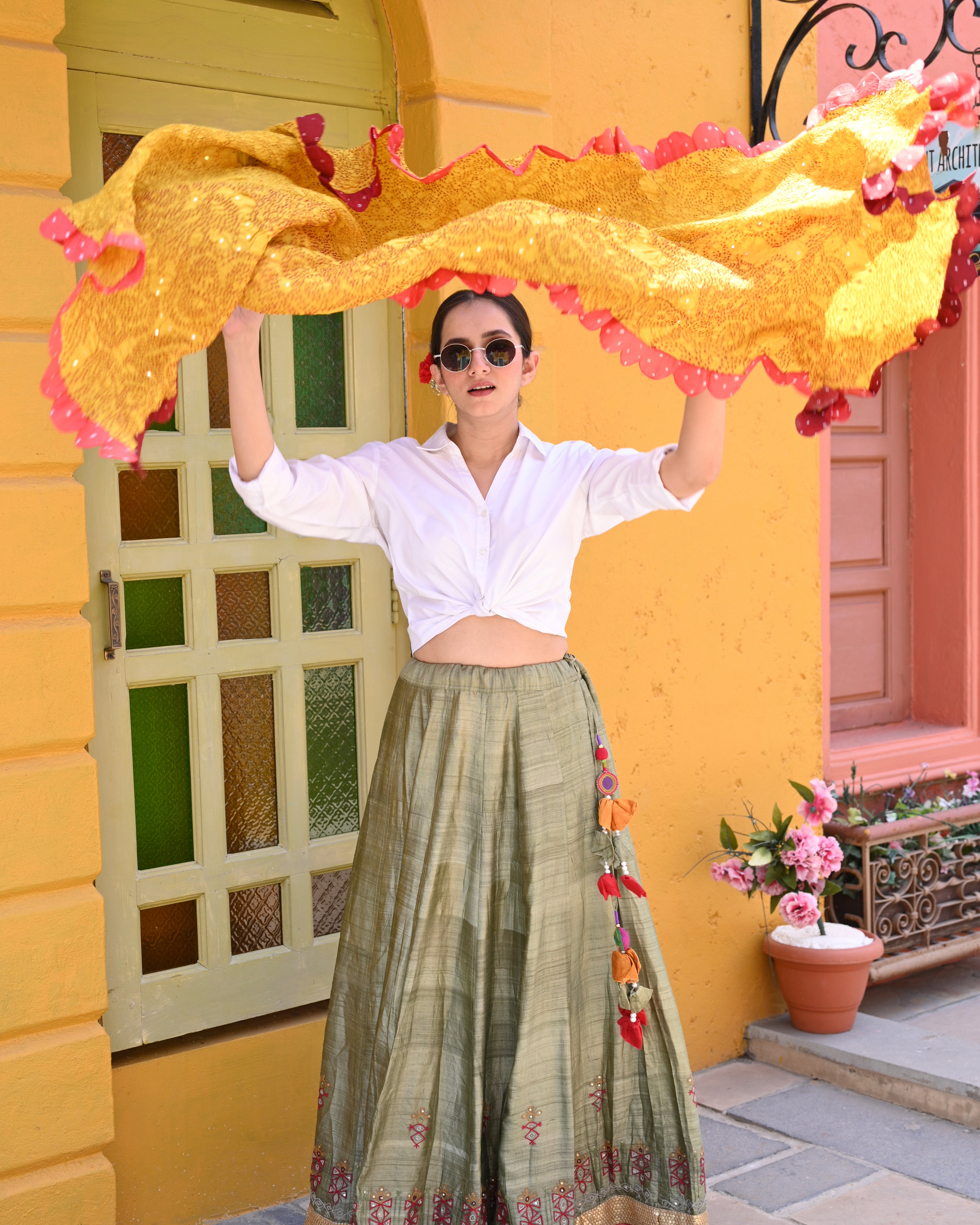 YELLOW FLOWER BANDHANI SILK DUPATTA WITH SCALLOP BORDER
