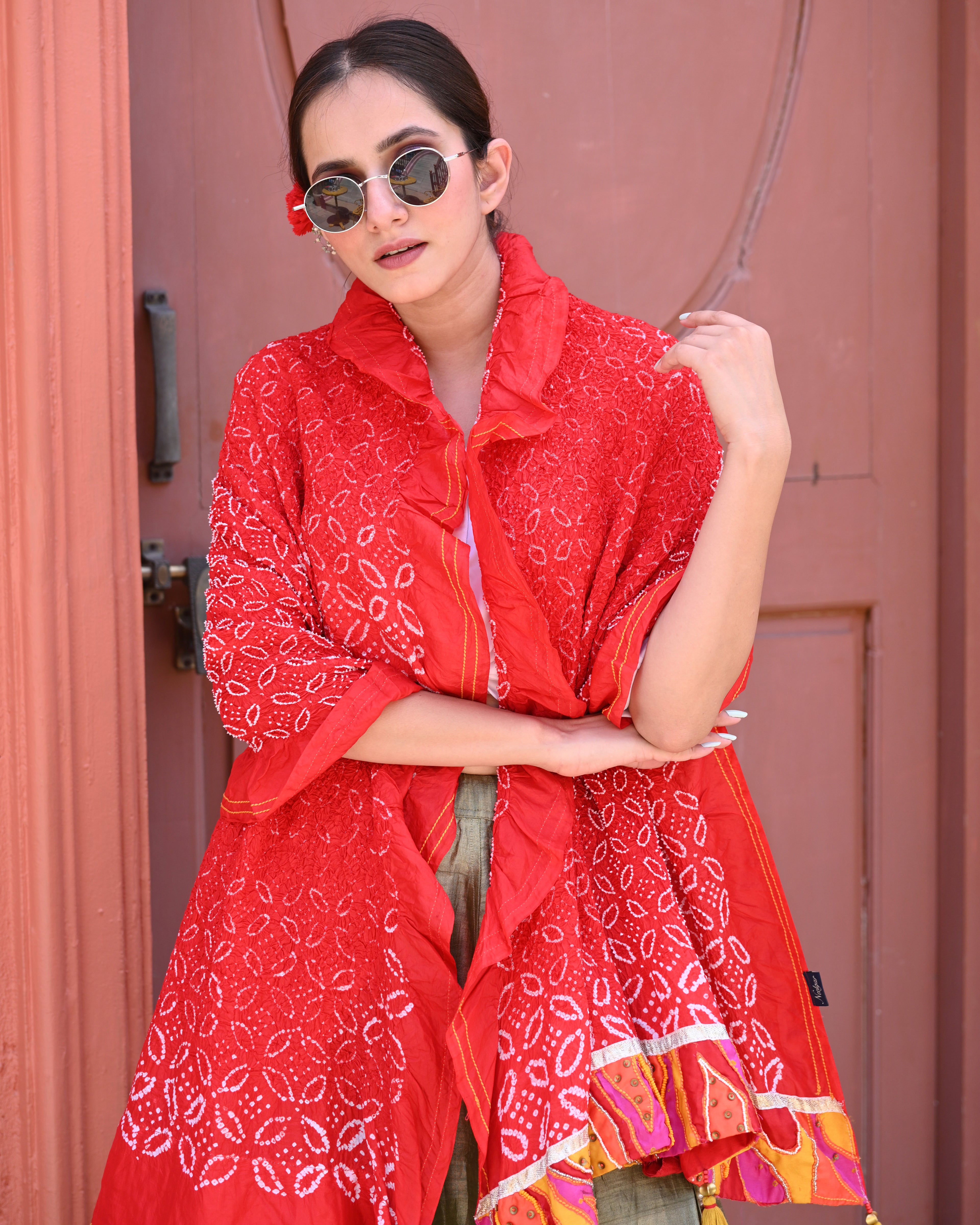 RED FLOWER BANDHANI SILK DUPATTA WITH BEAD WORK AND TASSELS