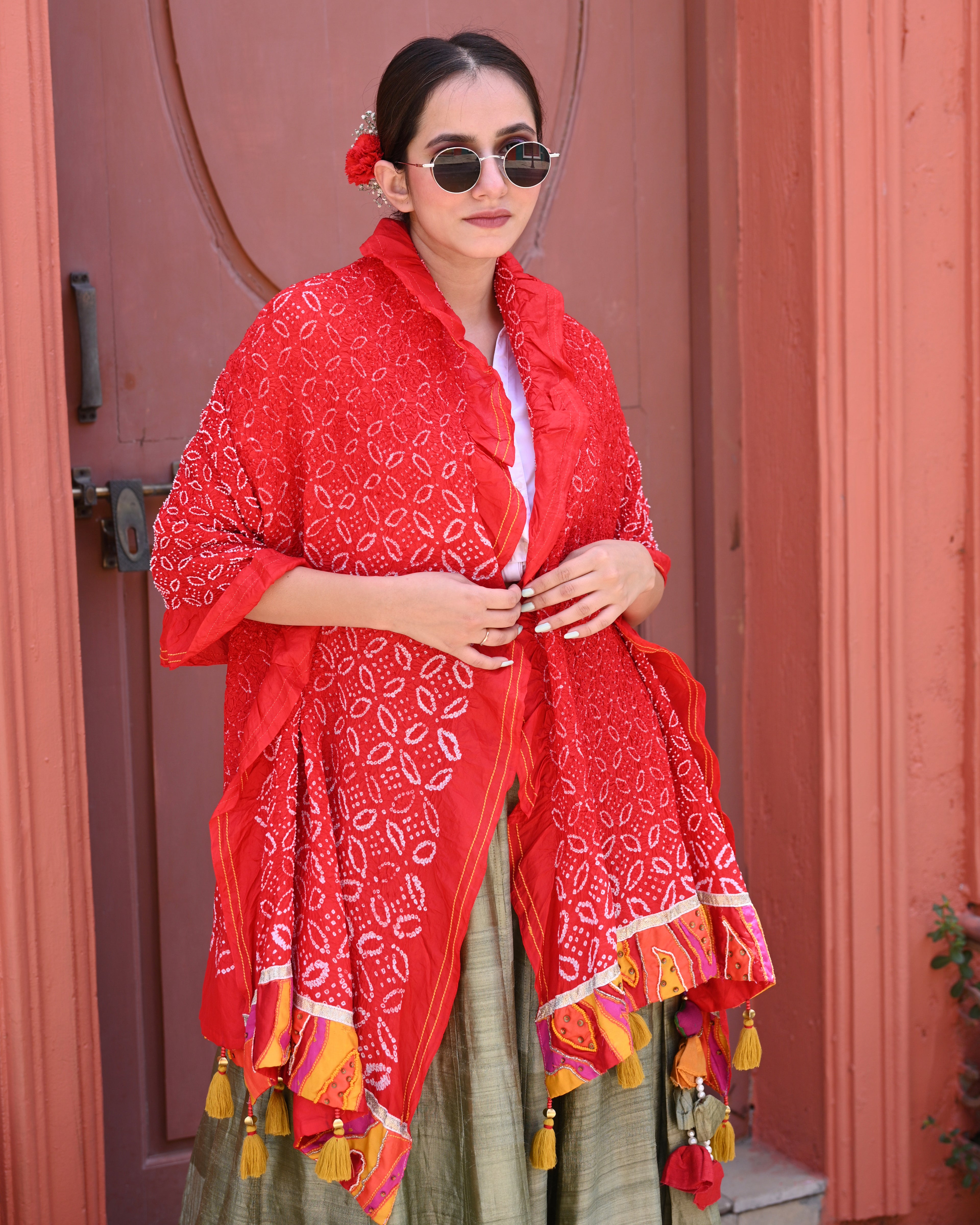RED FLOWER BANDHANI SILK DUPATTA WITH BEAD WORK AND TASSELS