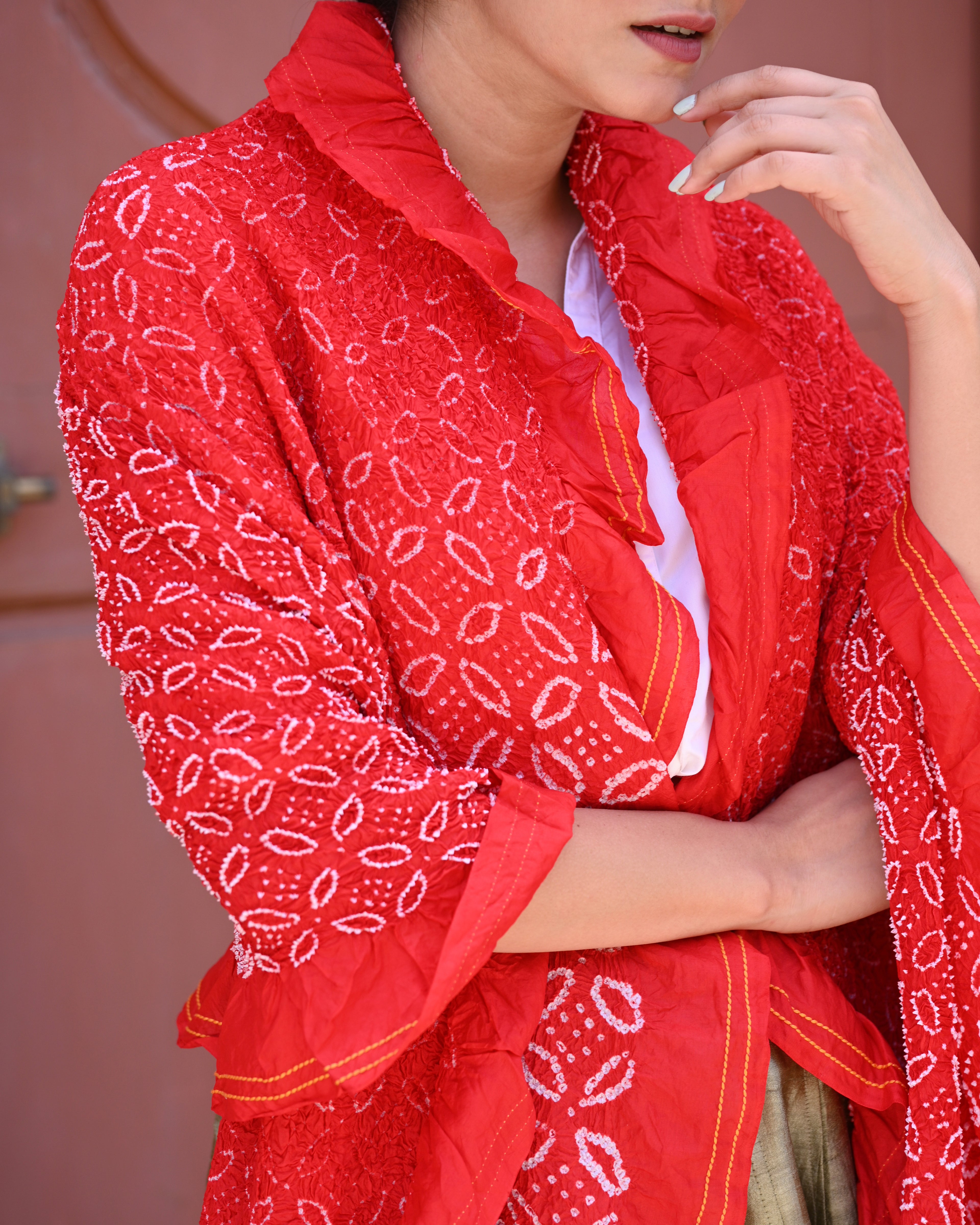 RED FLOWER BANDHANI SILK DUPATTA WITH BEAD WORK AND TASSELS