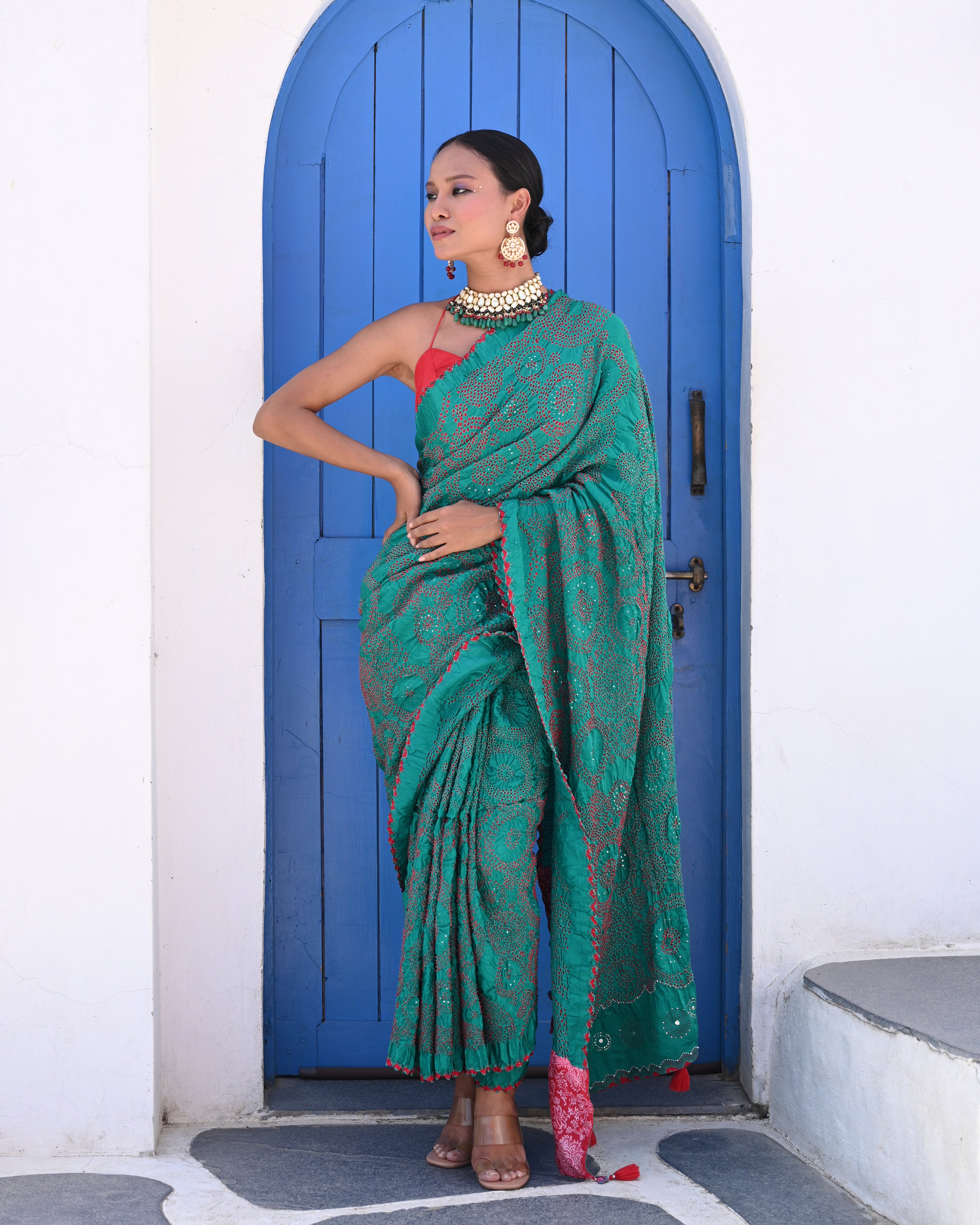 TEAL GREEN CIRCLES OF THE LIFE BANDHANI SAREE WITH MUKAISH WORK AND TASSELS