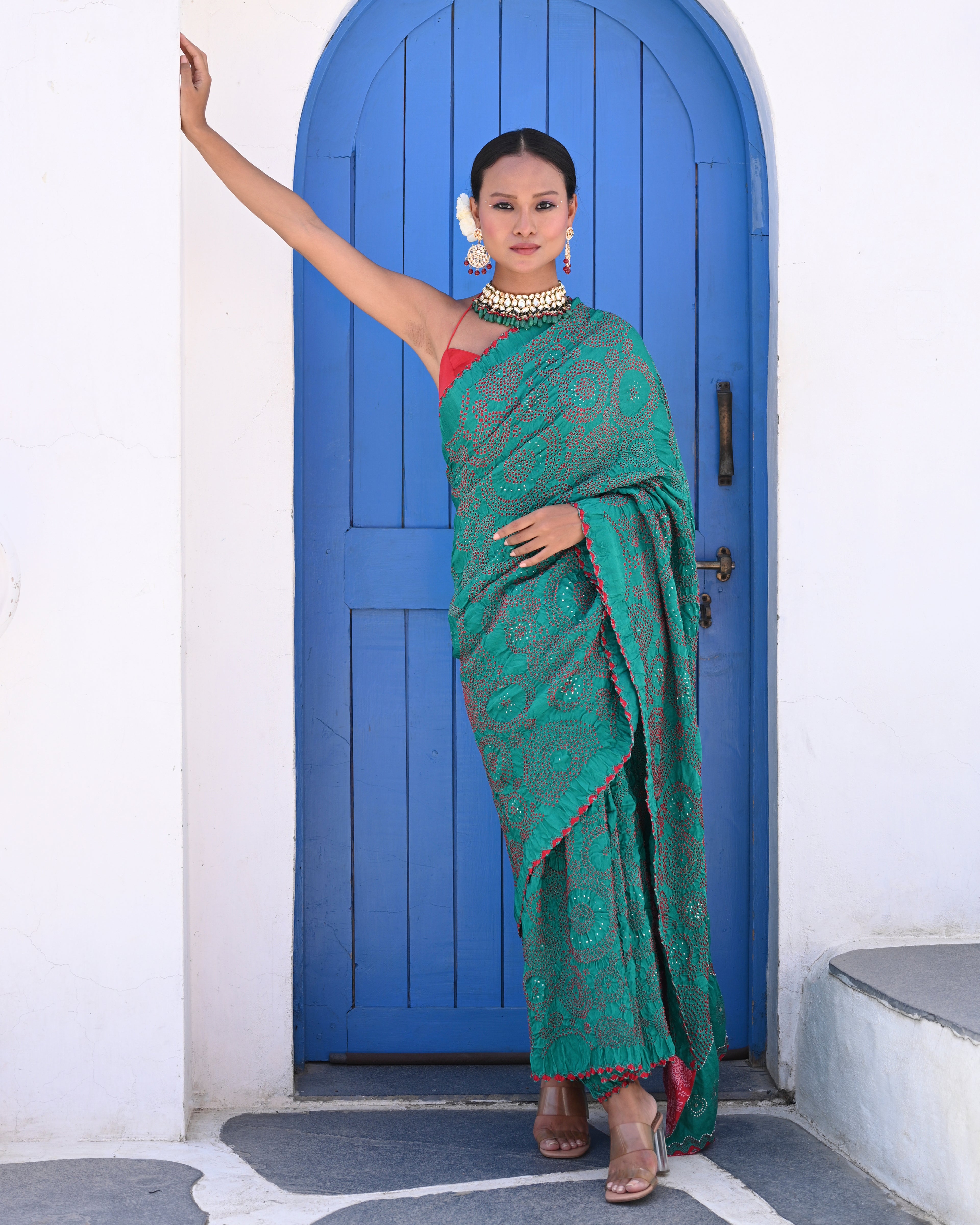 TEAL GREEN CIRCLES OF THE LIFE BANDHANI SAREE WITH MUKAISH WORK AND TASSELS