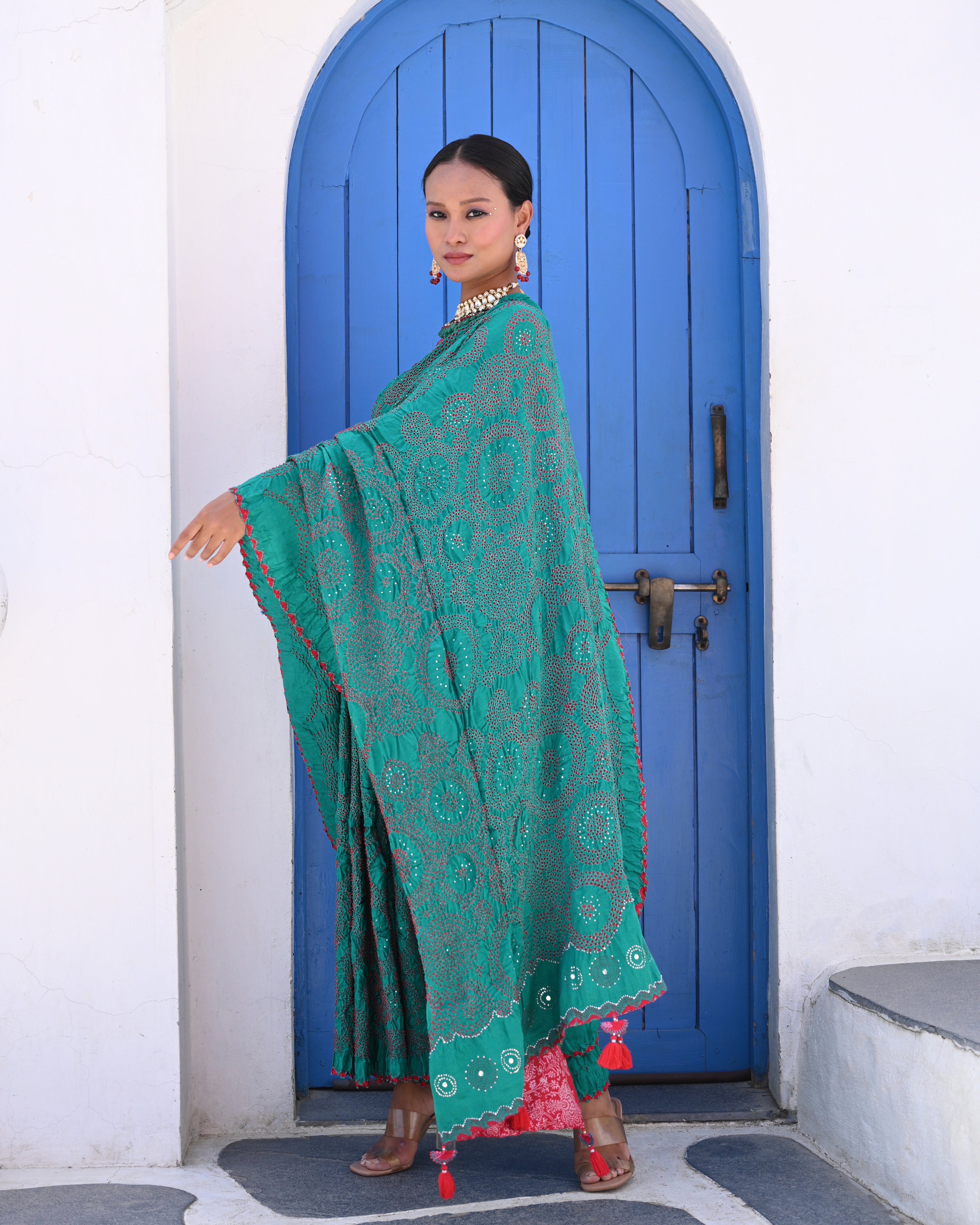 TEAL GREEN CIRCLES OF THE LIFE BANDHANI SAREE WITH MUKAISH WORK AND TASSELS