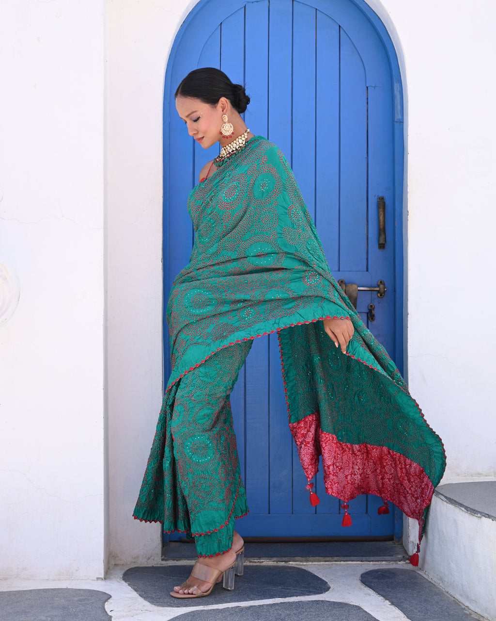 TEAL GREEN CIRCLES OF THE LIFE BANDHANI SAREE WITH MUKAISH WORK AND TASSELS