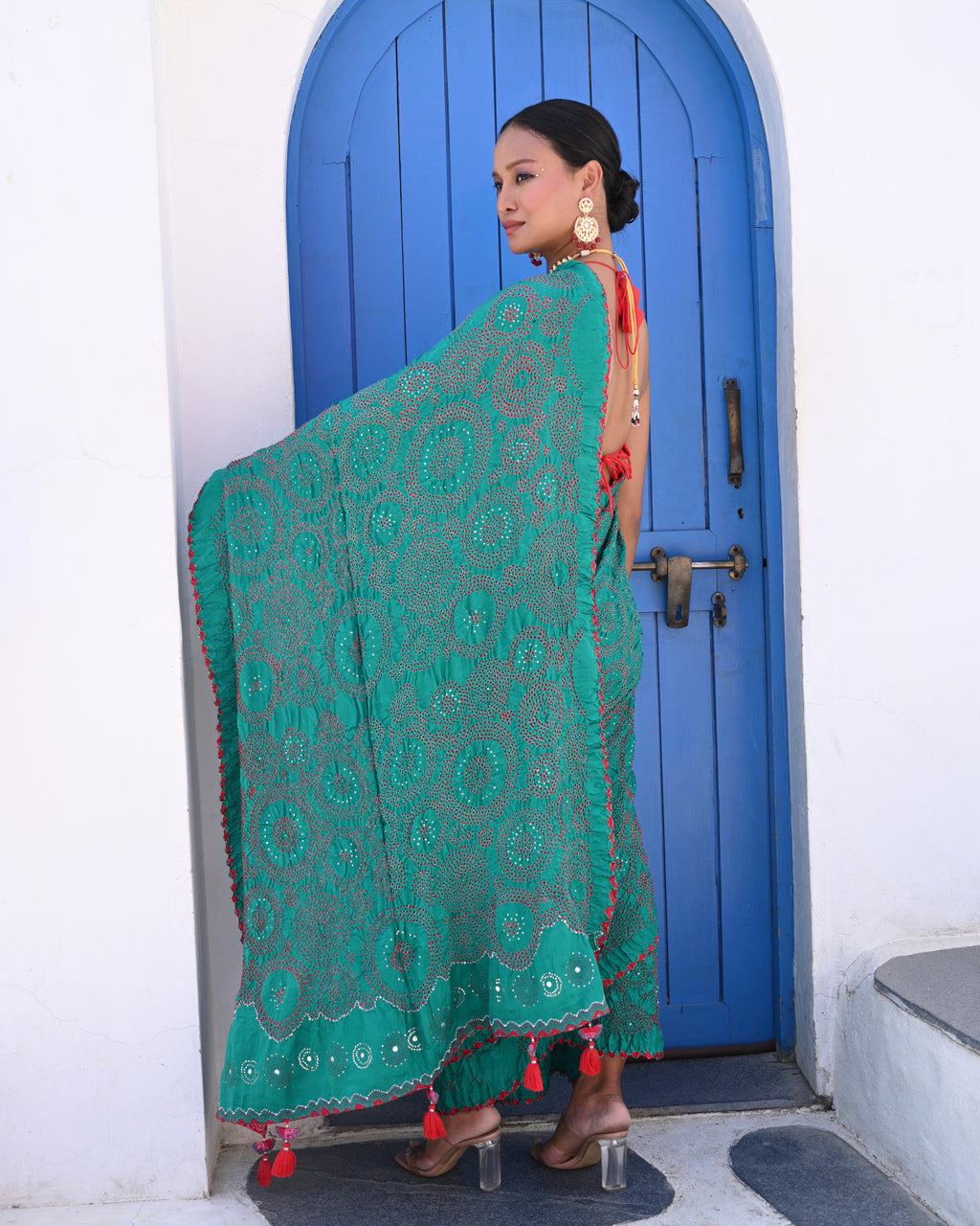 TEAL GREEN CIRCLES OF THE LIFE BANDHANI SAREE WITH MUKAISH WORK AND TASSELS