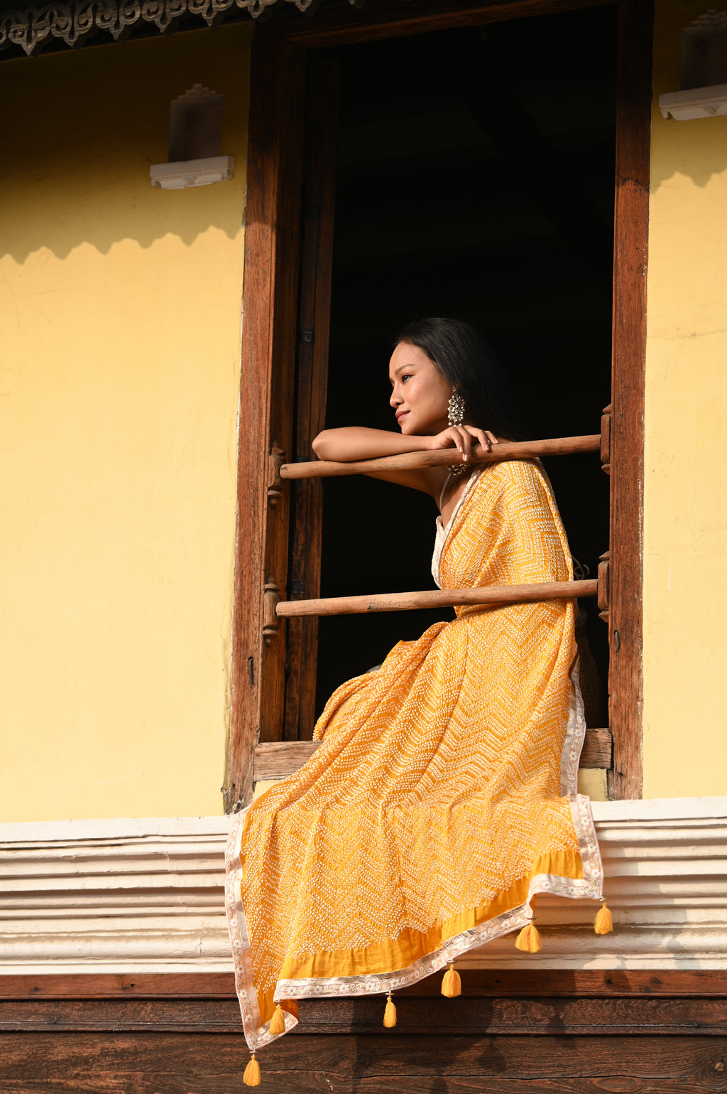 YELLOW O3 CHEVRON BANDHANI SILK SAREE WITH LAMPI BORDER AND TASSELS