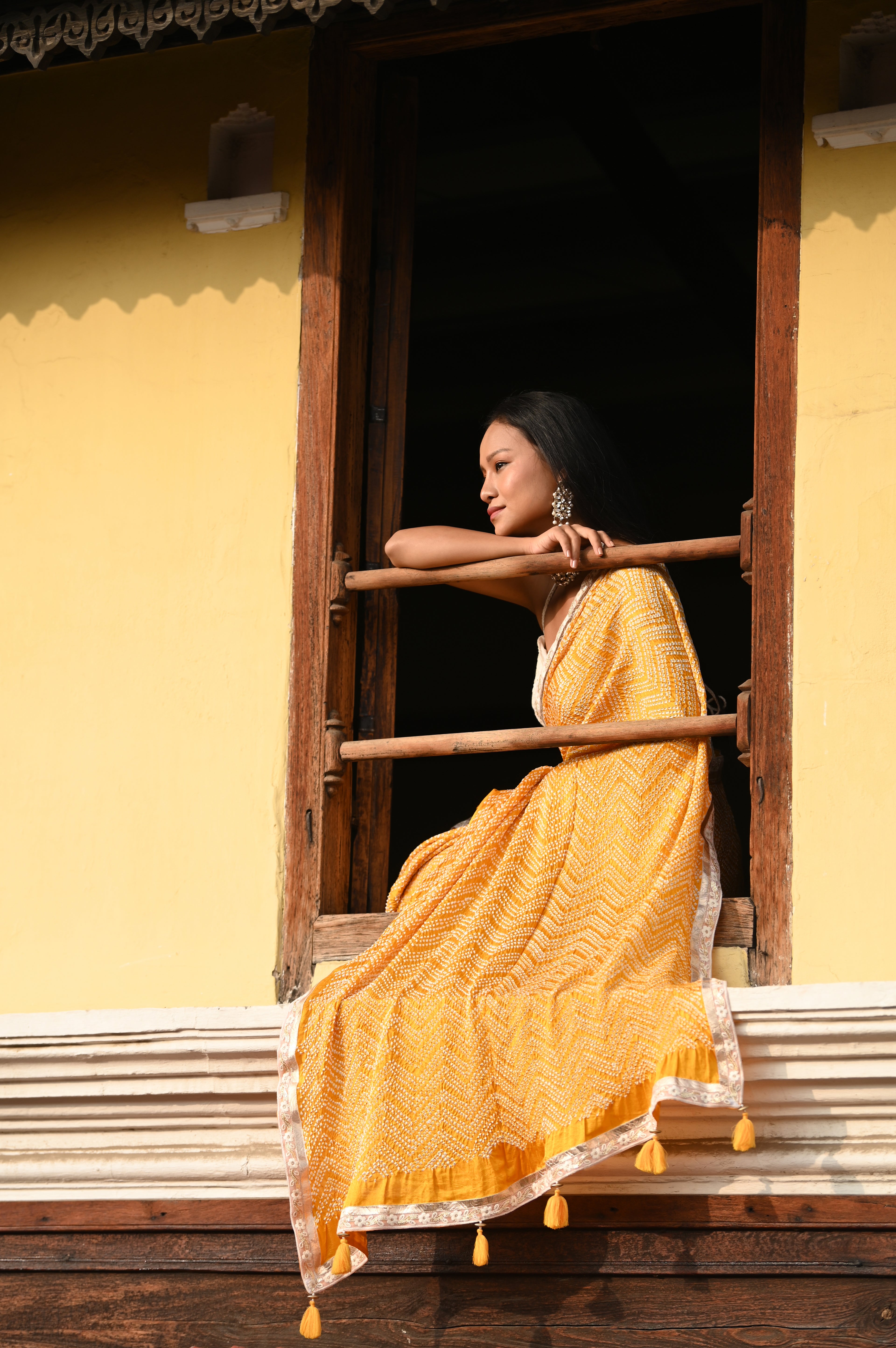 YELLOW O3 CHEVRON BANDHANI SILK SAREE WITH LAMPI BORDER AND TASSELS