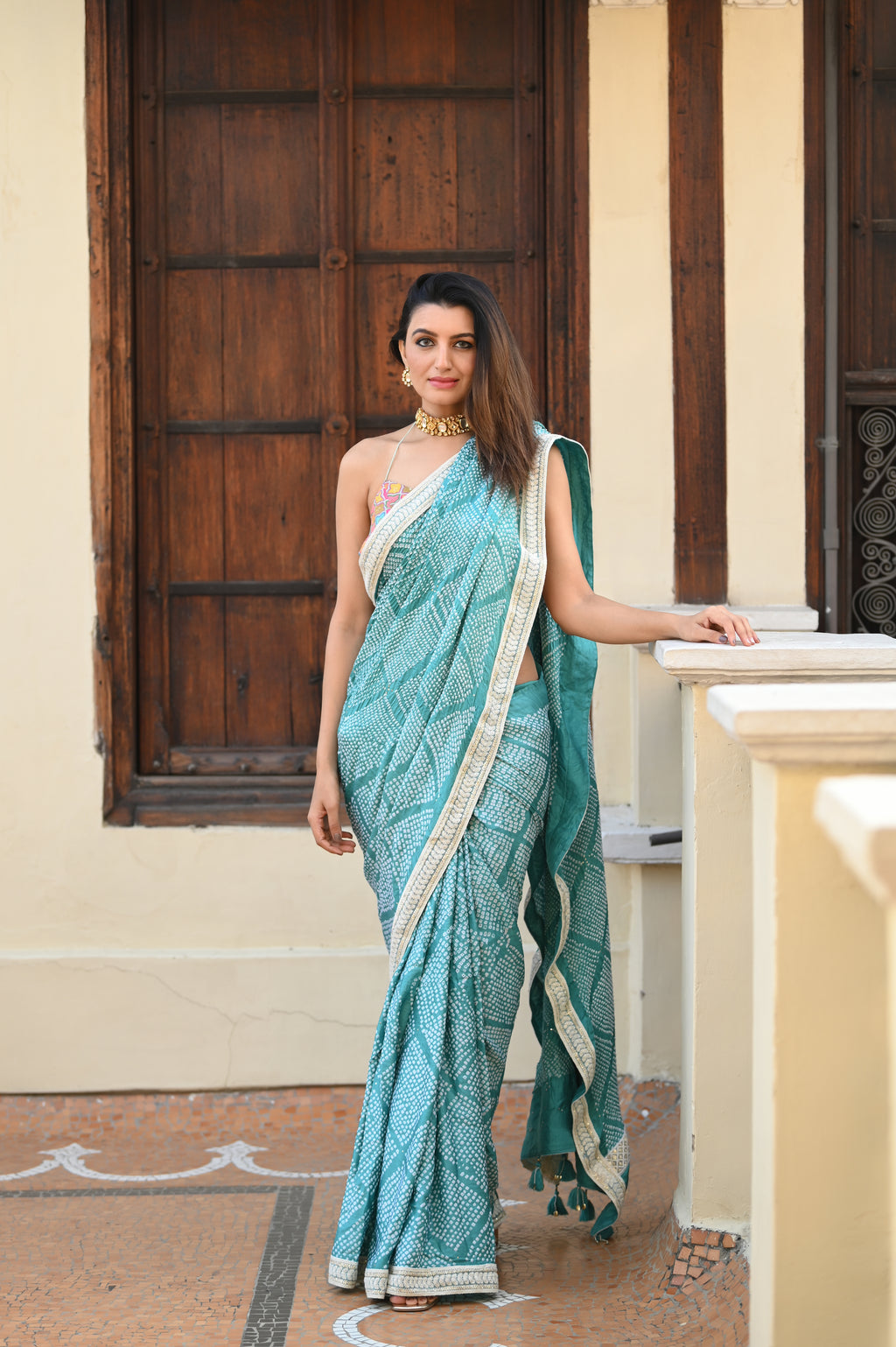 LIGHT BLUE DIAMOND GEOMETRIC BANDHANI SILK SAREE WITH LACE BORDER AND TASSELS